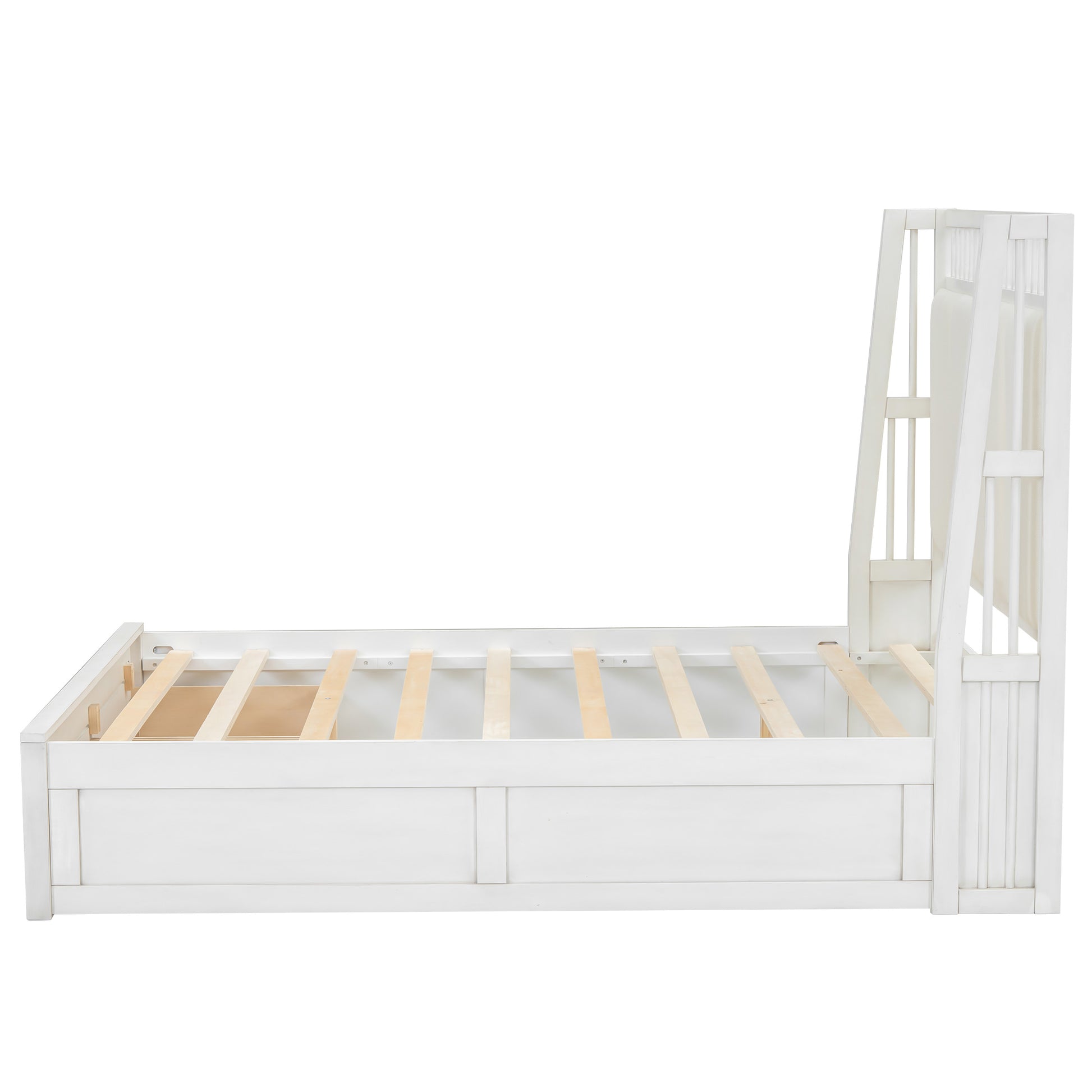 Full Size Wood Platform Bed With Upholstered Headboard And 2 Drawers, White Box Spring Not Required Full White Wood Bed Frame Solid Wood Mdf