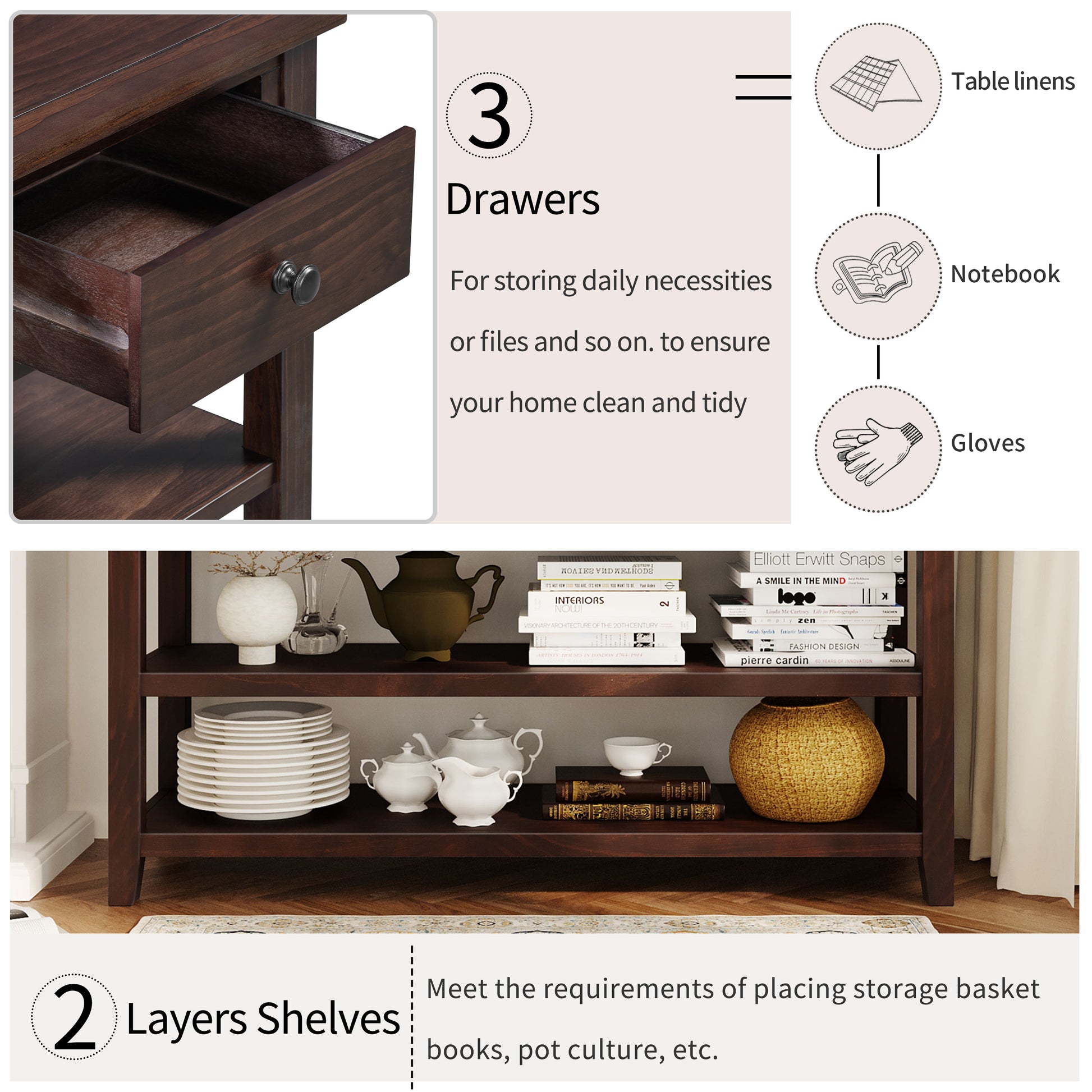 Retro Design Console Table With Two Open Shelves, Pine Solid Wood Frame And Legs For Living Room Espresso Espresso Solid Wood Mdf