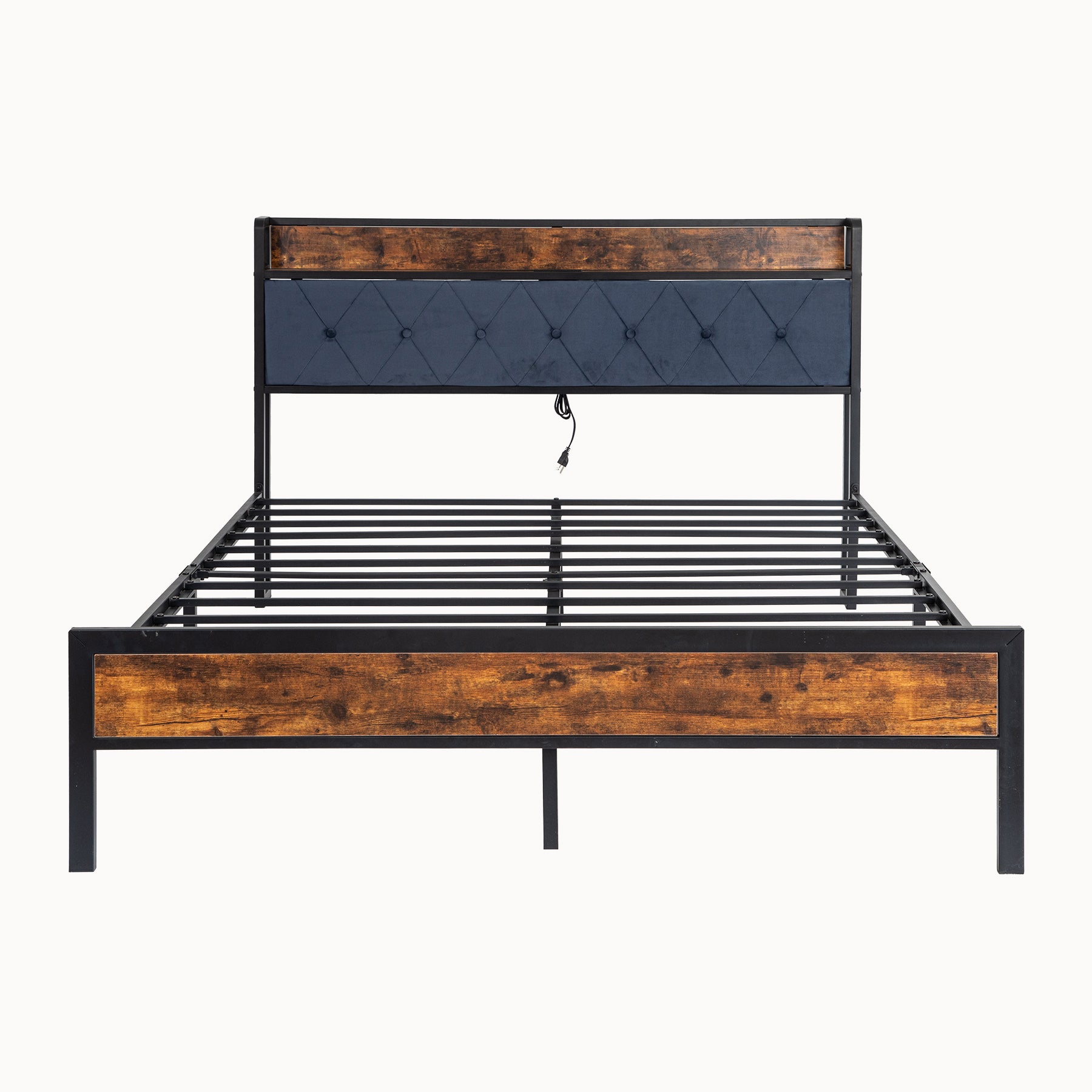 Black Full Metal Bed Frame With Upholstered Headboard And Footboard And Iron Slats, Rustic Bed Base, Heavy Duty Platform Bed Frame,12 Inch Underbed Storage No Springs Required Box Spring Required Full Black Dark Walnut Metal Brown Bedroom