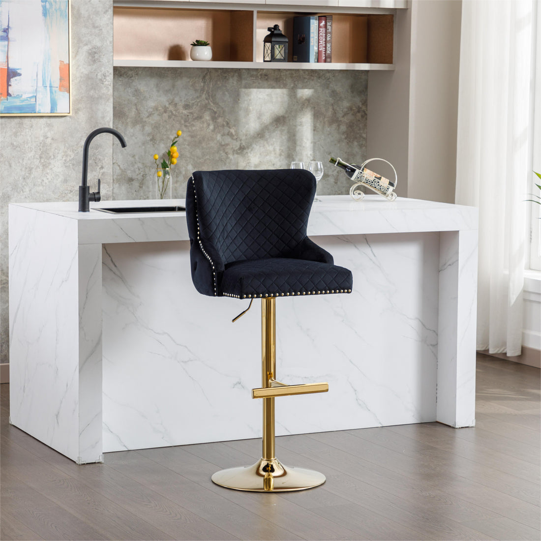 Hengming Velvet Bar Chair Stool One Piece Set, Adjustable Height, Diamond Lattice Against The Back To Pull The Lion'S Head With Zipper Decoration,Set Of 1 Black Velvet