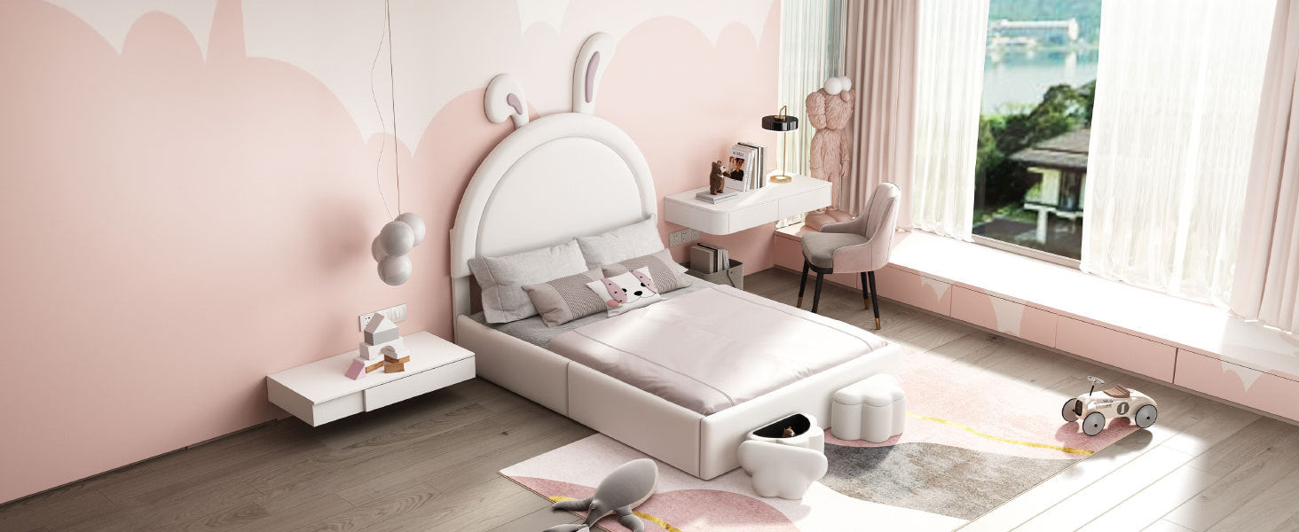 Full Size Upholstered Rabbit Shape Bed With 2 Storage Stools, Velvet Platform Bed With Cartoon Ears Shaped Headboard, White Full White Wood