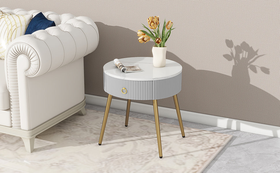 19.6'' Easy Assembly End Tables With High Gloss Faux Marble Tabletops, Set Of 2, Modern Fluted 2 Side Tables With Drawers, Round Coffee Tables With Golden Legs For Living Room, Grey Grey Gold Primary Living Space Drawers Round Mdf Iron
