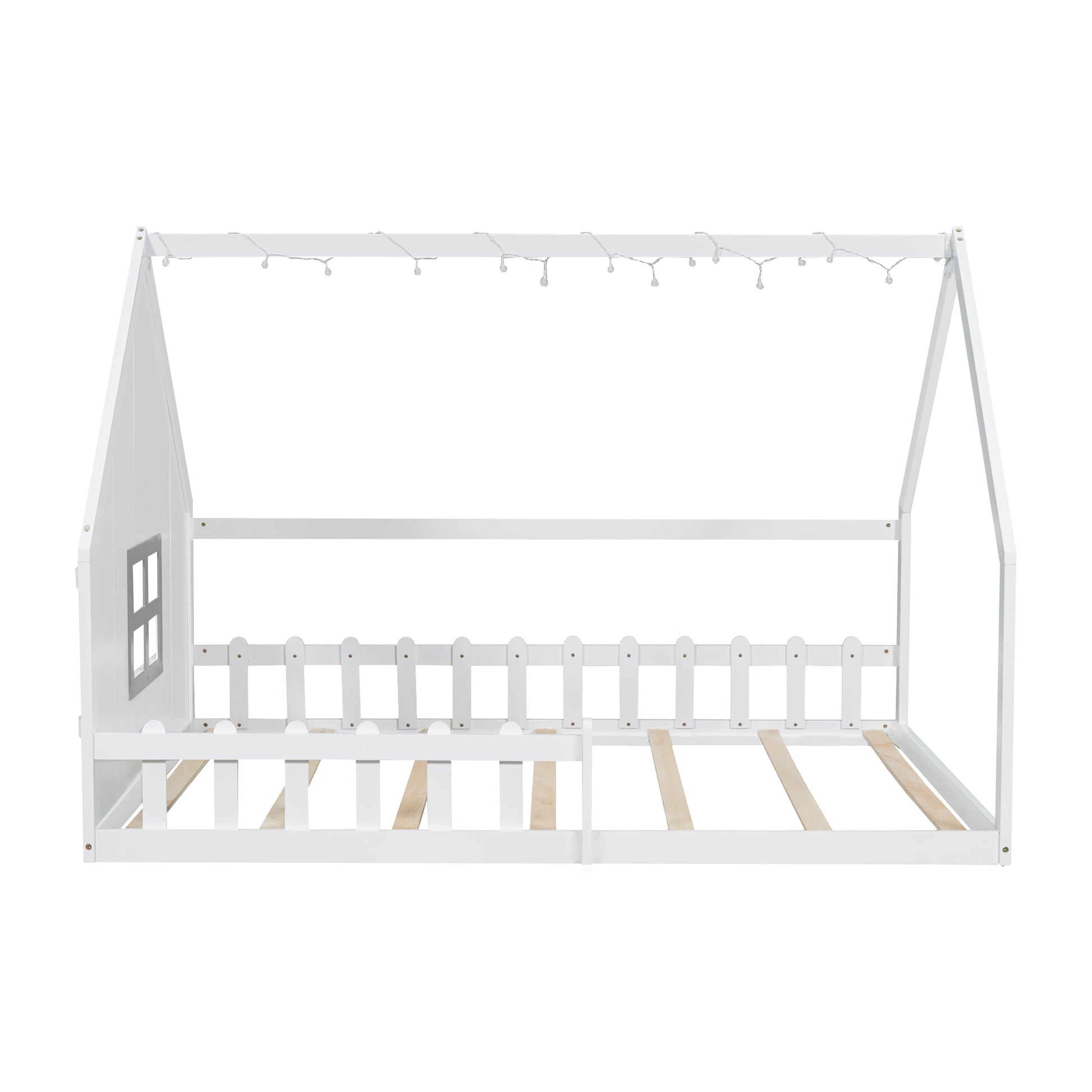 Full Size Wood House Bed With Window And Fence, White Old Sku: Wf304147Aak Box Spring Not Required Full White Wood Bedroom Pine Bed Frame Solid Wood Mdf