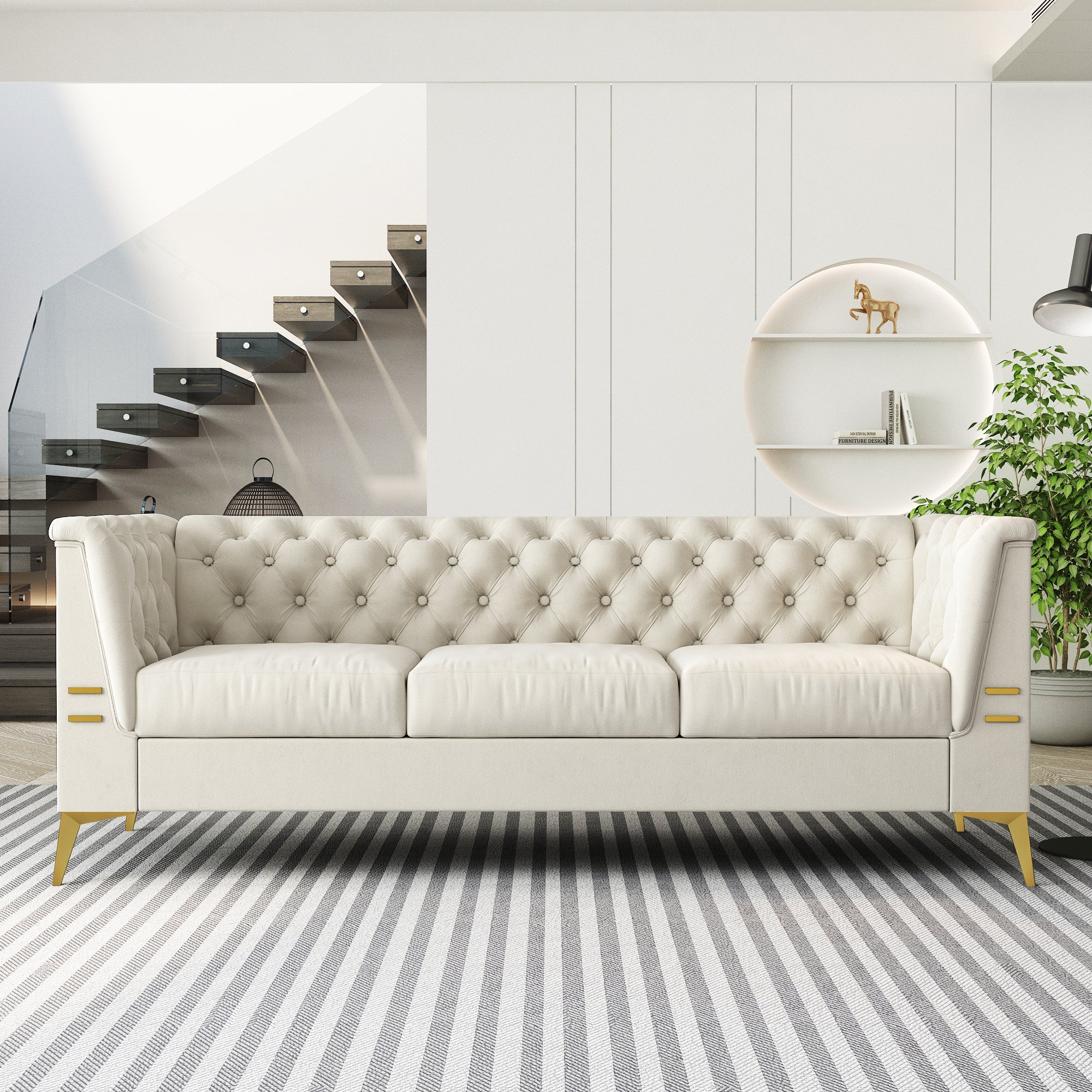 Fx P83 Cw Sofa Modern Velvet Living Room Chesterfield Design 82.7Inch Wide Sofa Cream White Color Beige Velvet 3 Seat