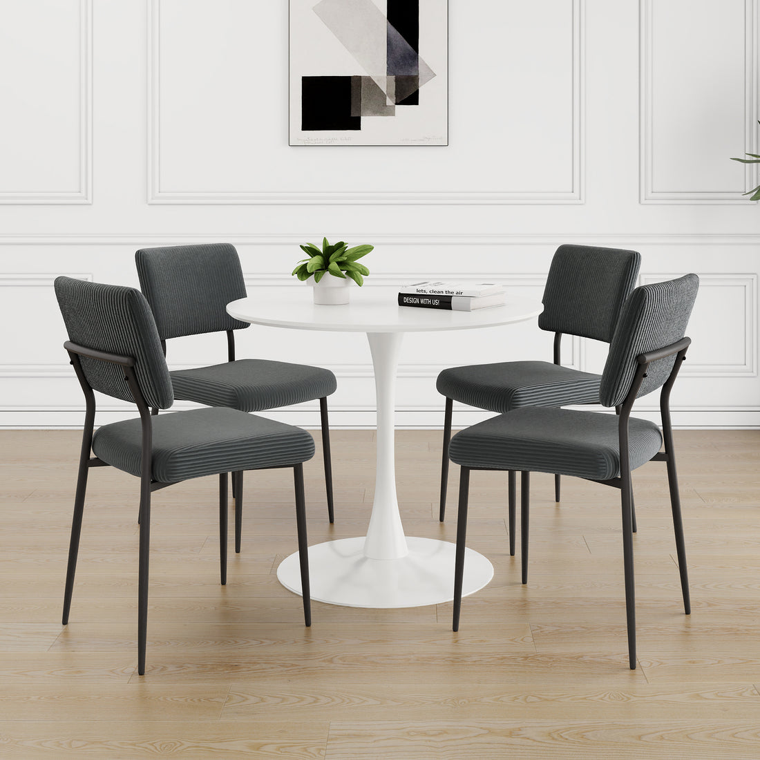 Modern Grey Simple Velvet Dining Chair Fabric Upholstered Chair Family Bedroom Stool Back Dressing, White Round Table Set, Chair Black Metal Legs Set Of 5 White Mdf