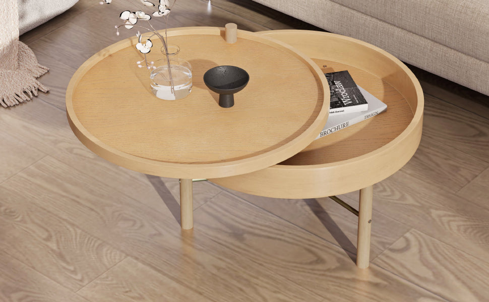 Modern Round Wood Rotating Tray Coffee Table With Storage & Metal Legs In Natural Natural Metal,Rubber Wood