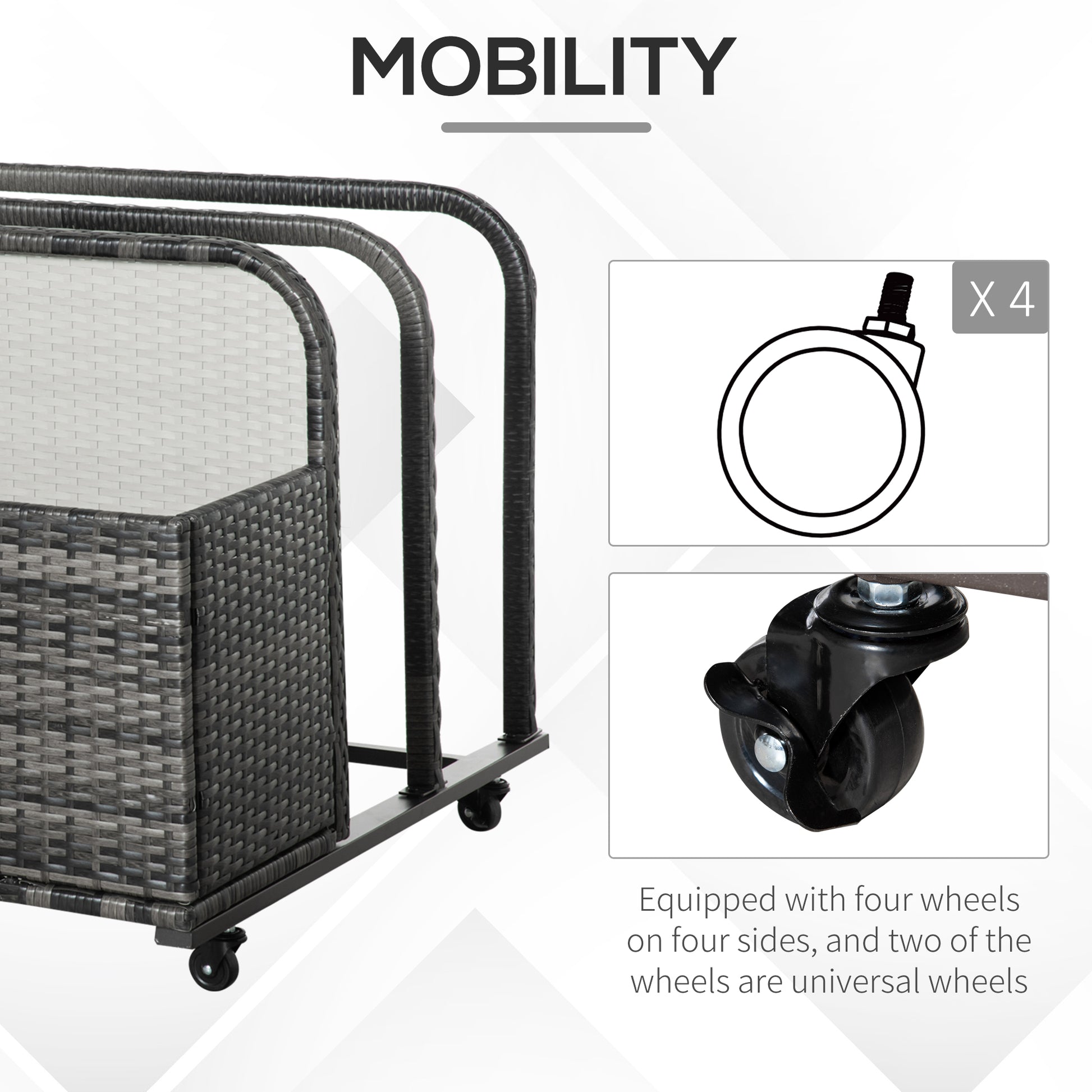 Outsunny Wicker Patio Poolside Float Storage Basket, Pe Rattan Outdoor Pool Caddy With Rolling Wheels For Floaties, Noodles, Life Vests, Beach Balls, Toys, Grey Gray Steel