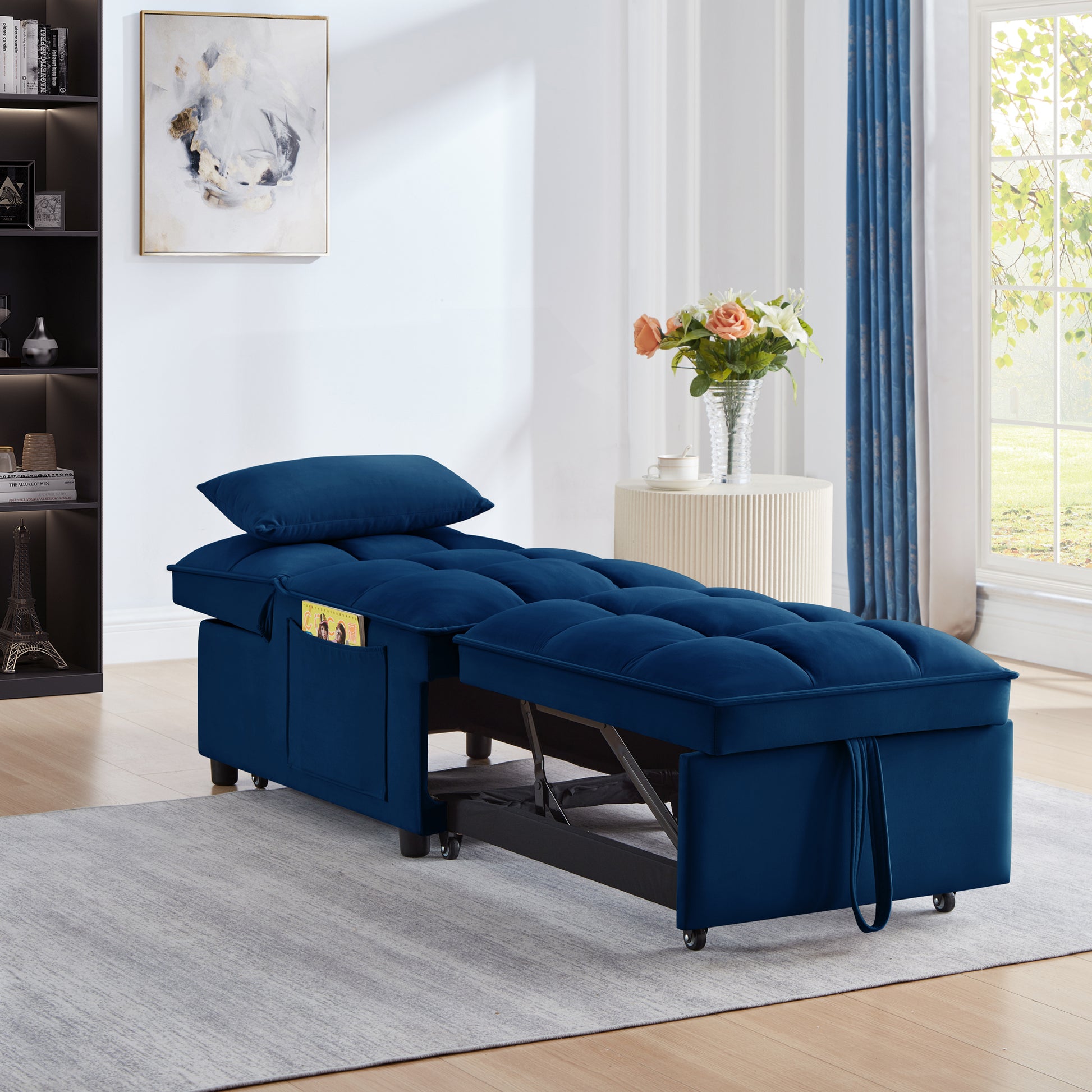 4 In1 Multi Function Single Sofa Bed With Storage Pockets,Tufted Single Pull Out Sofa Bed With Adjustable Backrest And Pillows ,Convertible Chaise Lounge, Navy Navy Velvet Metal Primary Living Space American Design Armless Foam Velvet 1 Seat