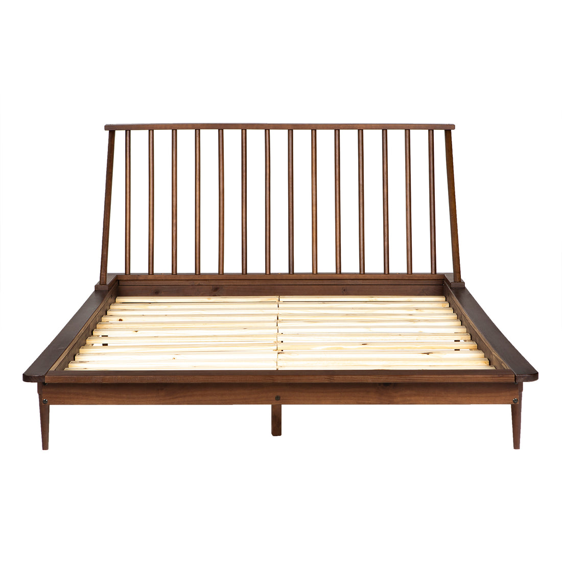 Mid Century Modern Solid Wood Queen Platform Bed Frame With Spindle Headboard Walnut Walnut Pine