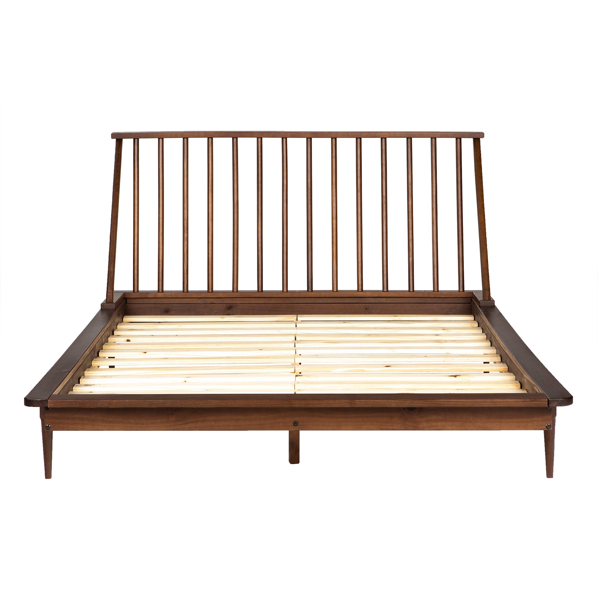 Mid Century Modern Solid Wood Queen Platform Bed Frame With Spindle Headboard Walnut Walnut Pine