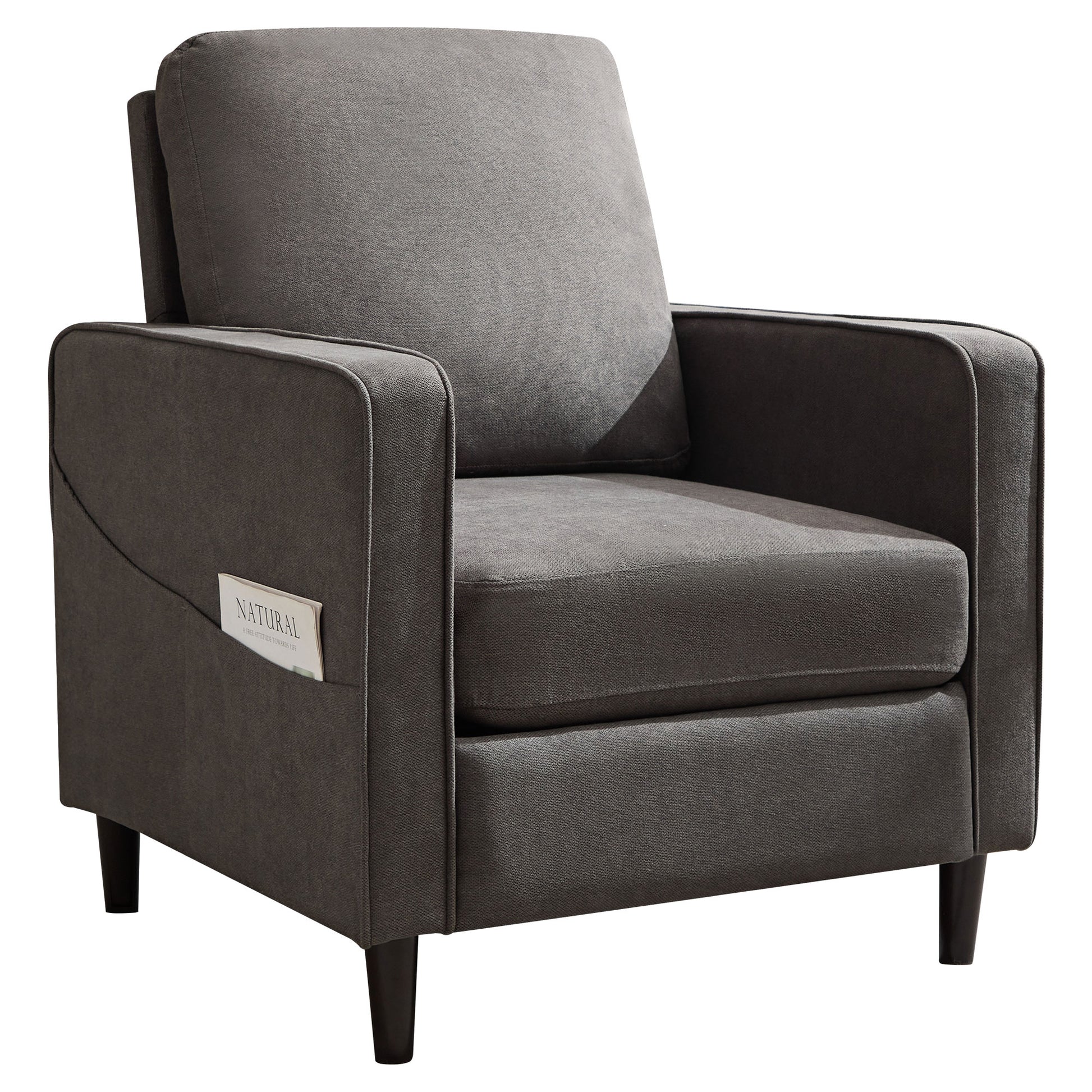 Mid Century Accent Chair ,Modern Linen Fabric Armchair For Living Room,Double Side Pockets, Comfortable And Padded Reading Feature Sofa Chair, Suitable For Bedrooms, Living Rooms, And Offices Dark Grey Linen