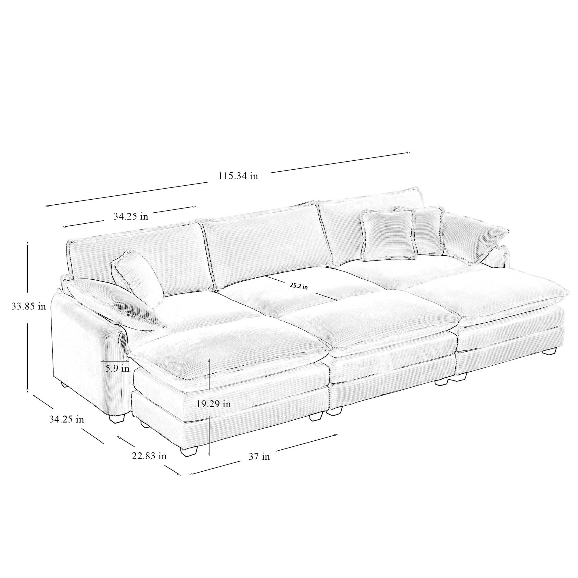 Oversized Modular Cushioned Sofa,With 3 Ottomans To Work As Sleeper Sofa Beds, 3 Seater Sofa With 3 Footstools, Beige Corduroy Fabric Beige Corduroy 3 Seat