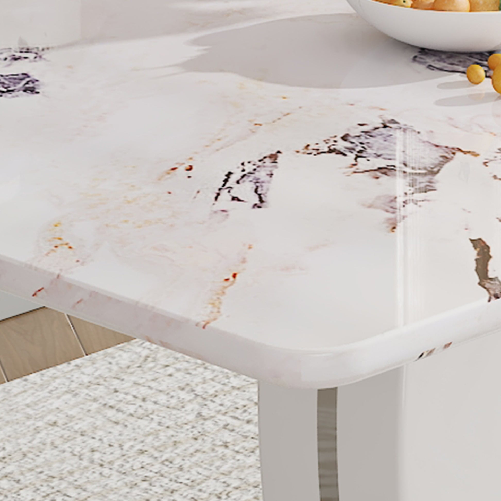 Table And Chair Set, Modern Luxurious White Imitation Marble Pattern Mdf Dining Table,Rectangular Dining Table, Matched With Uniquely Shaped Pu High Backrest Seats,Suitable For Various Occasions. White Seats 4 Mdf