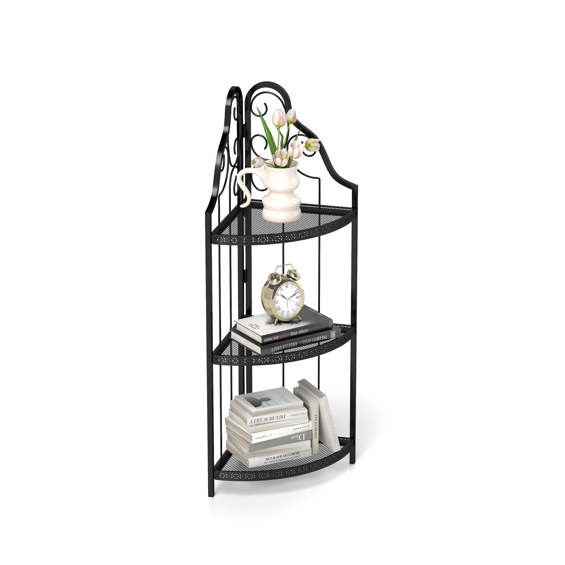 3 Tier Corner Open Shelf,Bookcase Freestanding Shelving Unit,Plant Stand Small Bookshelf For Living Room, Home Office, Kitchen, Small Space Black Corner Office American Design,Rustic Iron
