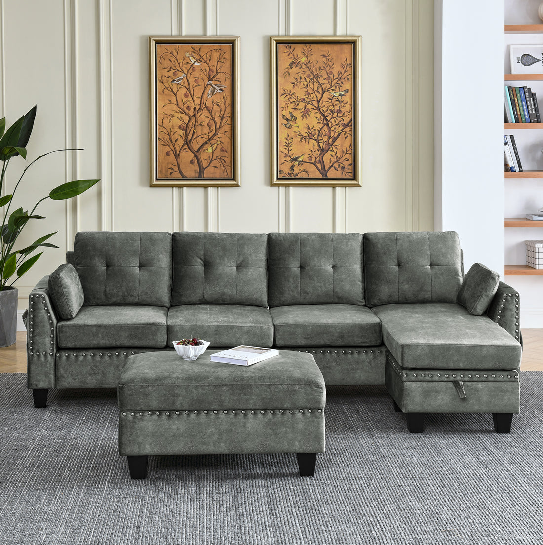 Sectional 3 Seaters Sofa ,Double Sided Multi Functional Footstool, Storage Matnon Slip Leg, Two Pillows, Velvet, Light Grey Light Grey Velvet 3 Seat