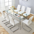 Table And Chair Set.Modern Rectangular Glass Dining Table With A Tempered Glass Tabletop And Silver Metal Legs, Paired With Multiple Chairs Designed With Pu Cushions And Silver Metal Legs. Silver White Seats 8 Tempered Glass