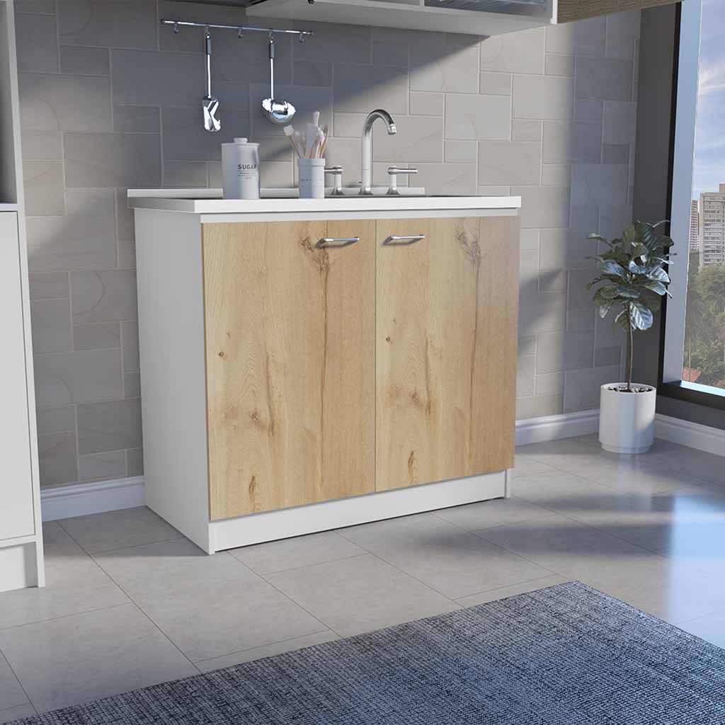 Freestanding Sink, Double Door Cabinet, Two Shelves, White Light Oak Multicolor Solid Wood Mdf Engineered Wood