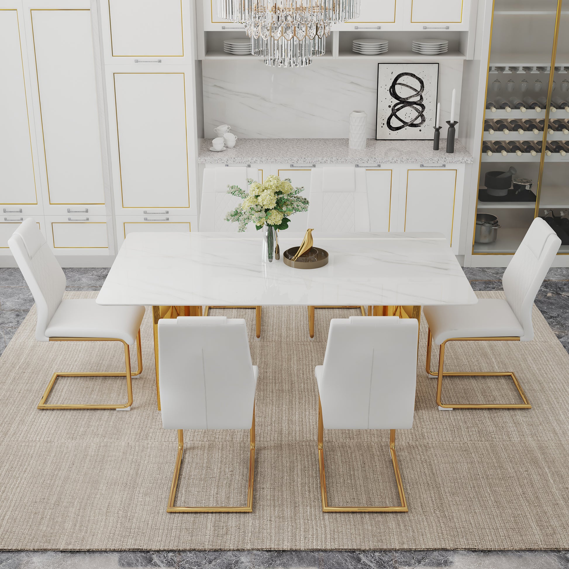Table And Chair Set.The Table Has A Glass Tabletop With Imitation Marble Pattern Stickers And Stainless Steel Golden Table Legs. Paried With Comfortable Chairs With Pu Seats And Metal Legs. White Gold Seats 6 Glass Metal