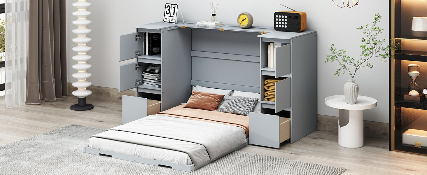 Twin Size Murphy Bed With Drawers, Cabinets And Usb Ports,Gray Twin Gray Mdf Lvl