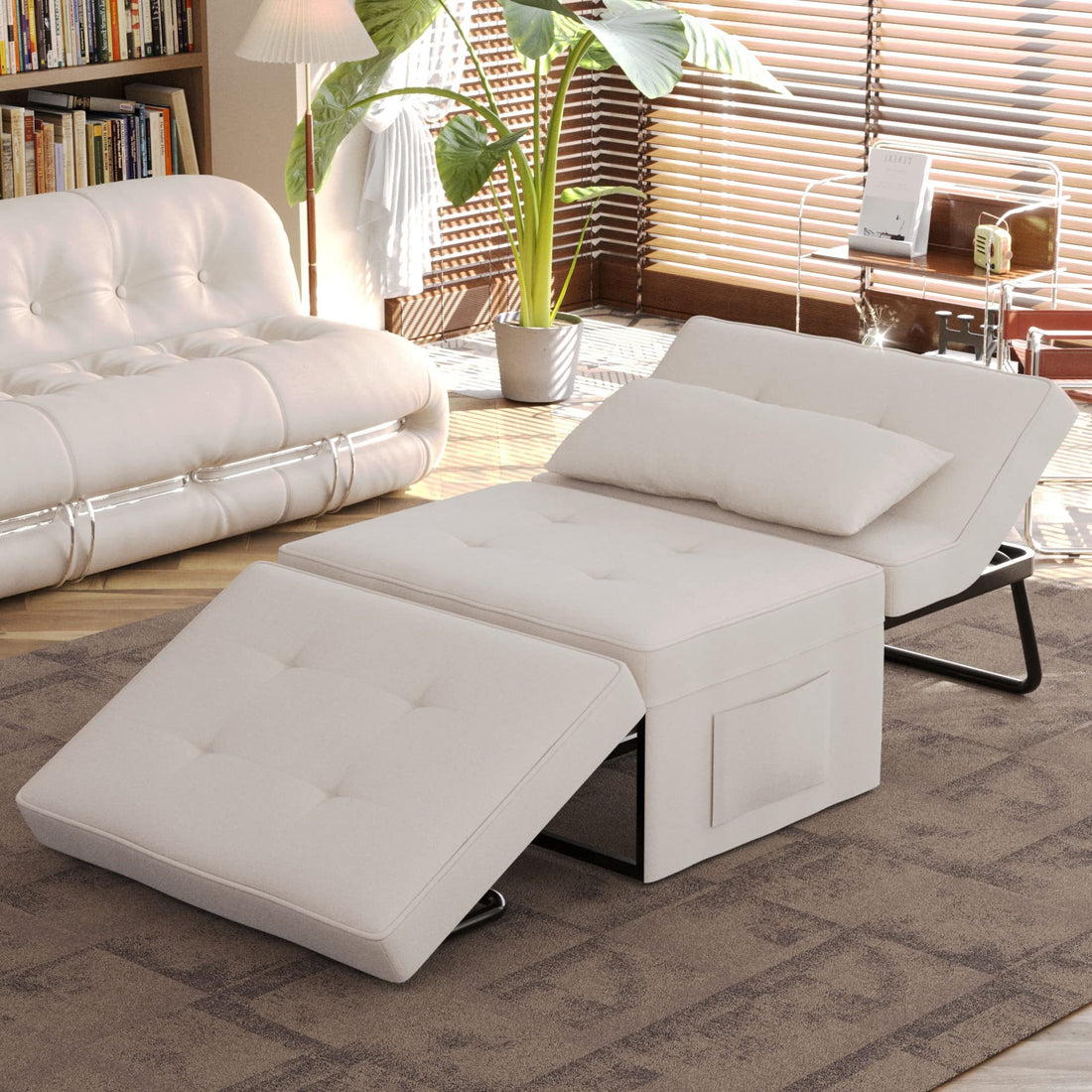 Sofa Bed,Chair Bed,Sleeper Couch,4 In 1 Multi Function Folding Ottoman Bed With Slide Storagepocket For Living Room,Bedroom,Hallway,Beige Beige Espresso Bedroom Mid Century Modern Oak Upholstered Fabric