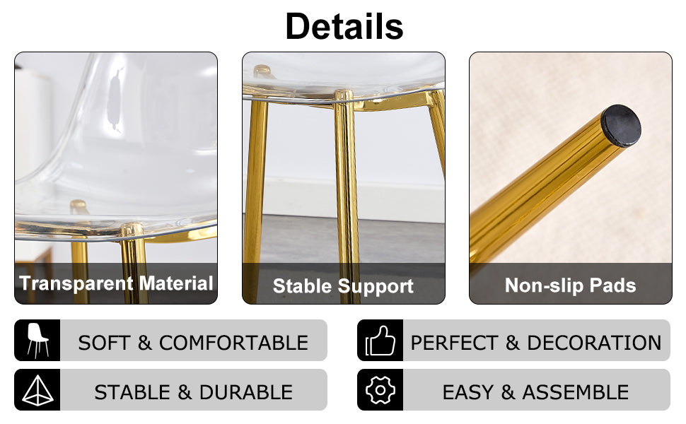 Table And Chair Set.Modern Rectangular Glass Dining Table With Tempered Glass Countertop And Golden Metal Legs, Paired With Multiple Transparent High Quality Pet Dining Chairs With Golden Legs. Gold Seats 6 Tempered Glass