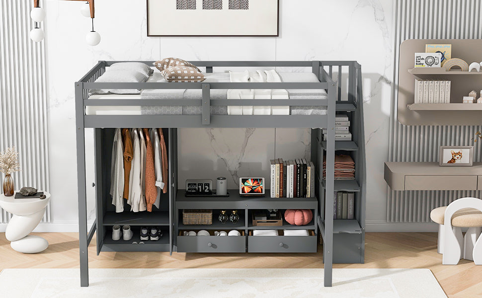 Full Size Loft Bed Frame With Wardrobe,Low Storage Table And Storage Staircase,Gray Gray Solid Wood Mdf