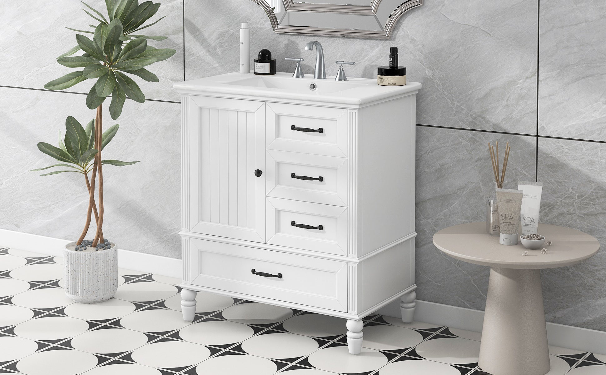 30" Bathroom Vanity With Sink, Bathroom Cabinet With A Door, Three Drawers, Solid Wood Legs & Mdf Board, Adiustable Foot Pads, White White Mdf