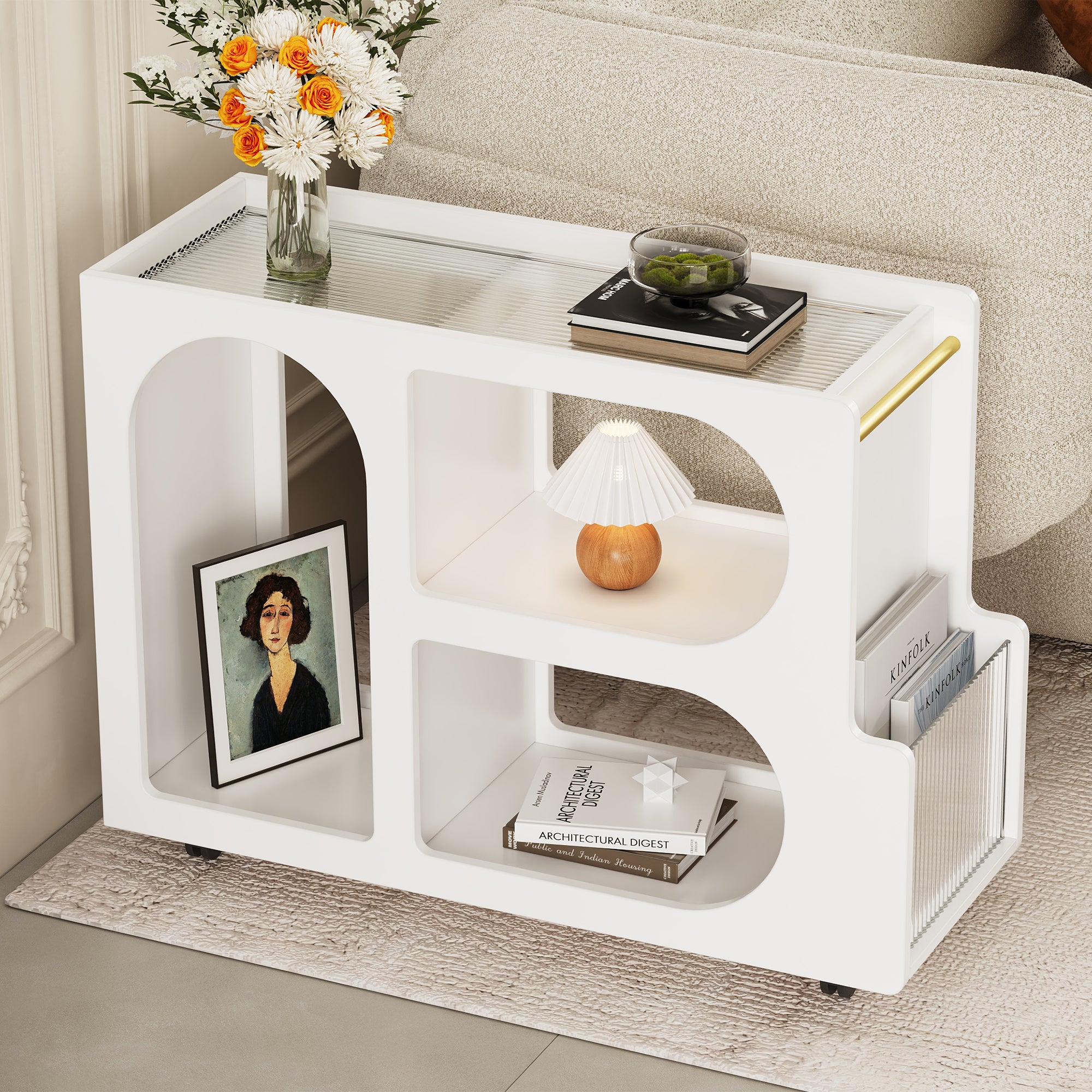 Mobile End Table With Lockable Wheels, Narrow Coffee Table With 5Mm Thick Fluted Tempered Glass, Modern Nightstand With Golden Round Rod, Living Room, White, 31.5''W X11.8''D X 23.1''H White Primary Living Space Mdf