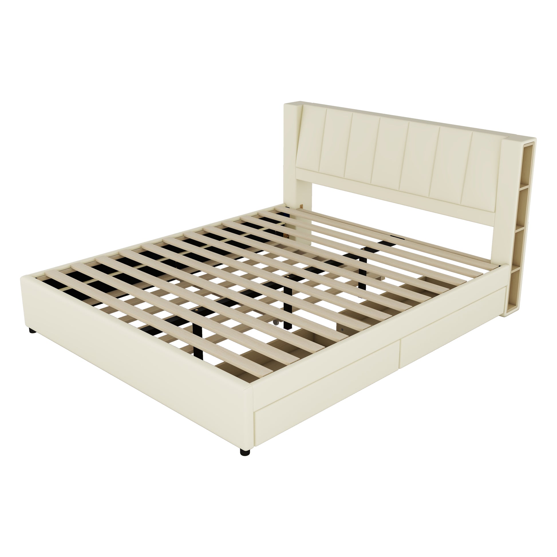 King Size Upholstery Platform Bed With Storage Headboard, 2 Drawers And Trundle,Beige King Beige Upholstered