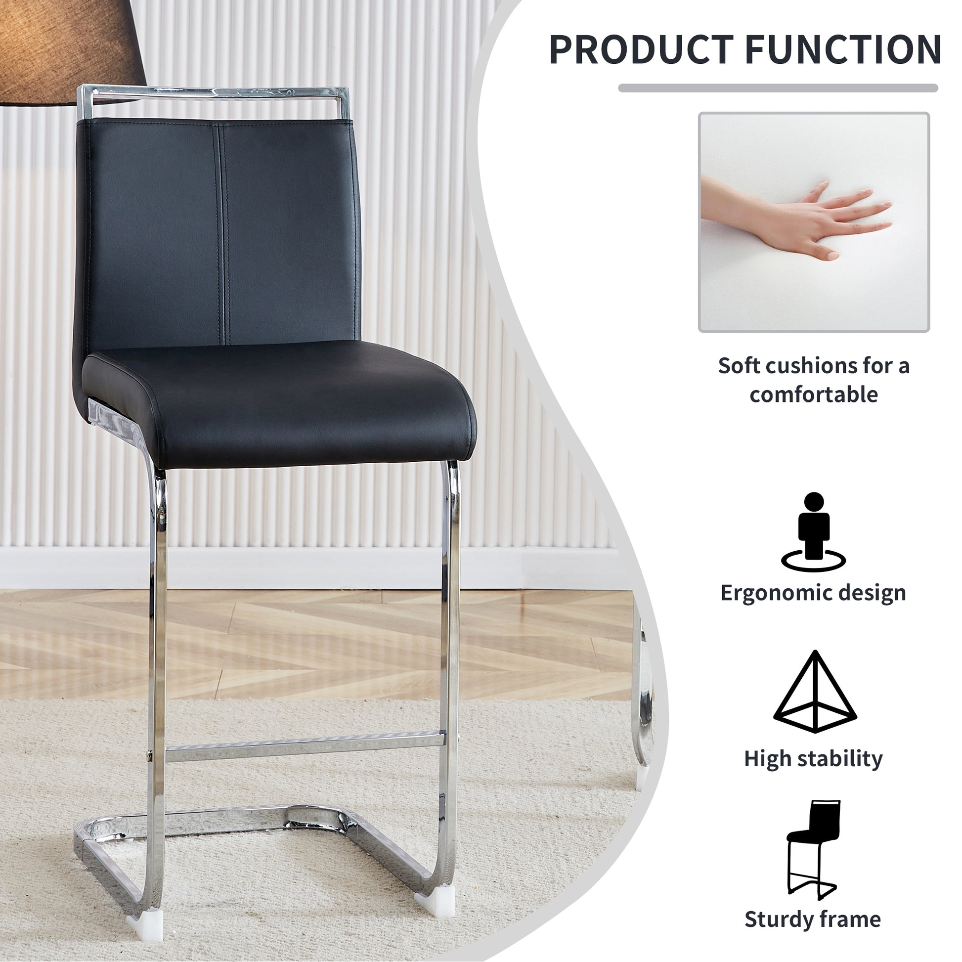 Table And Chair Set. A Rectangular Glass Dining Table With A 0.4 Inch Tempered Glass Tabletop And Mdf Board V Shaped Bracket, Paired With Chairs Consisting Of Pu Seat Cushions And Silver Metal Legs. Black Seats 4 Tempered Glass