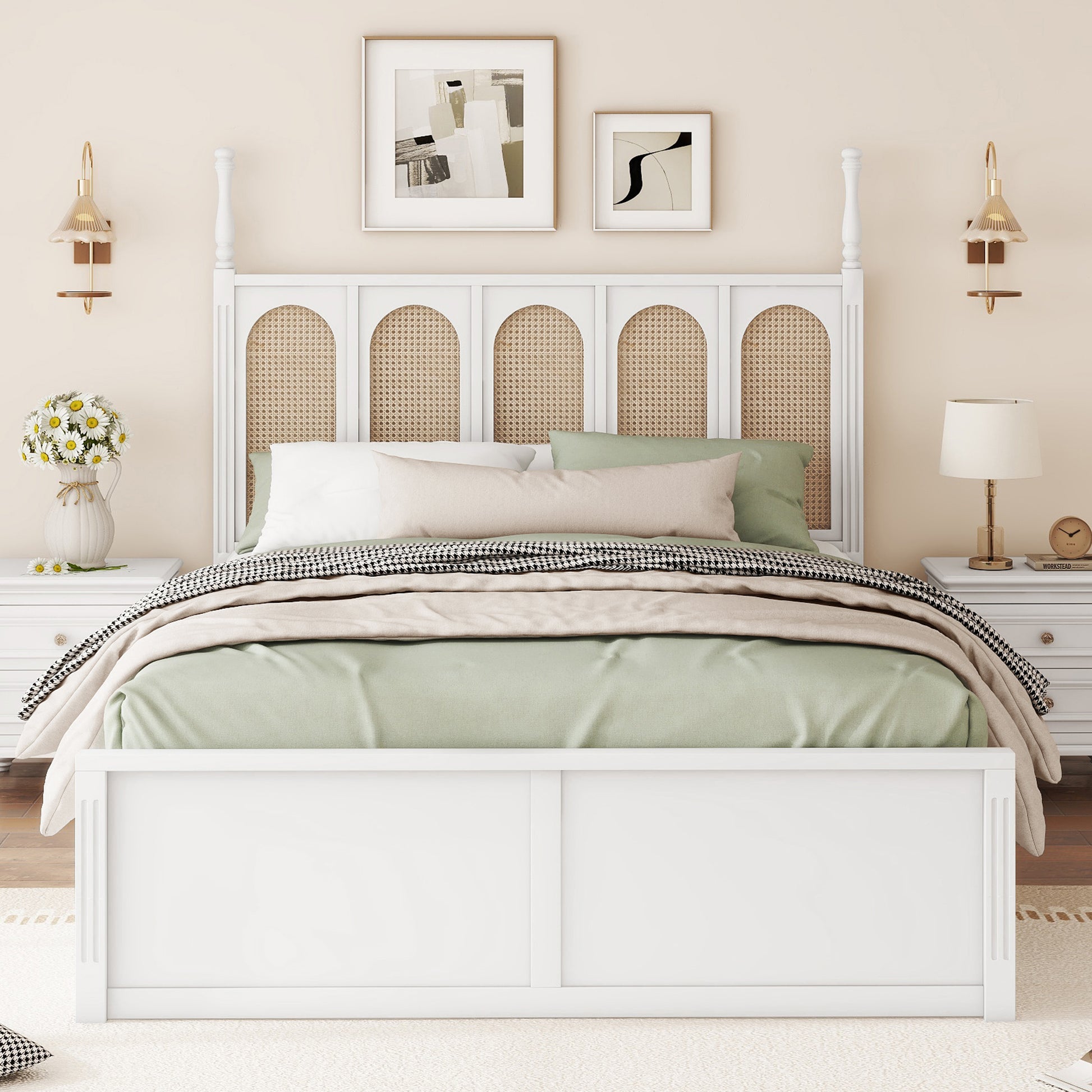 Queen Size Rattan Platform Bed With With 2 Big Drawers, T Size Trundle, White Queen White Plywood