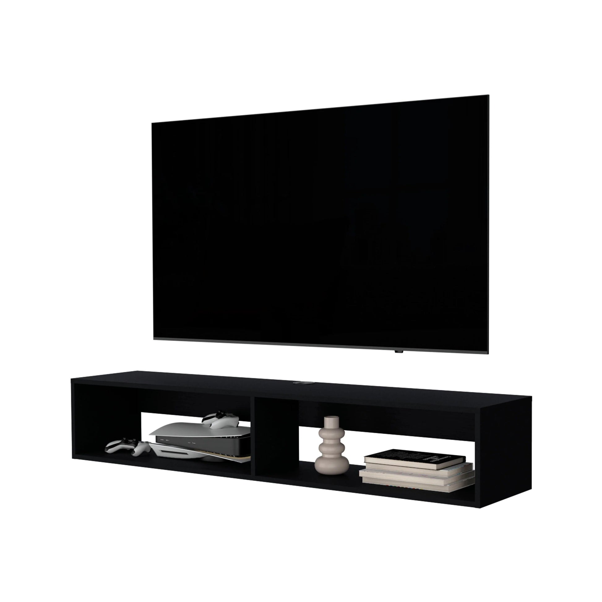 Black 2 Shelf Central Floating Media Rack Black Primary Living Space 60 69 Inches Melamine