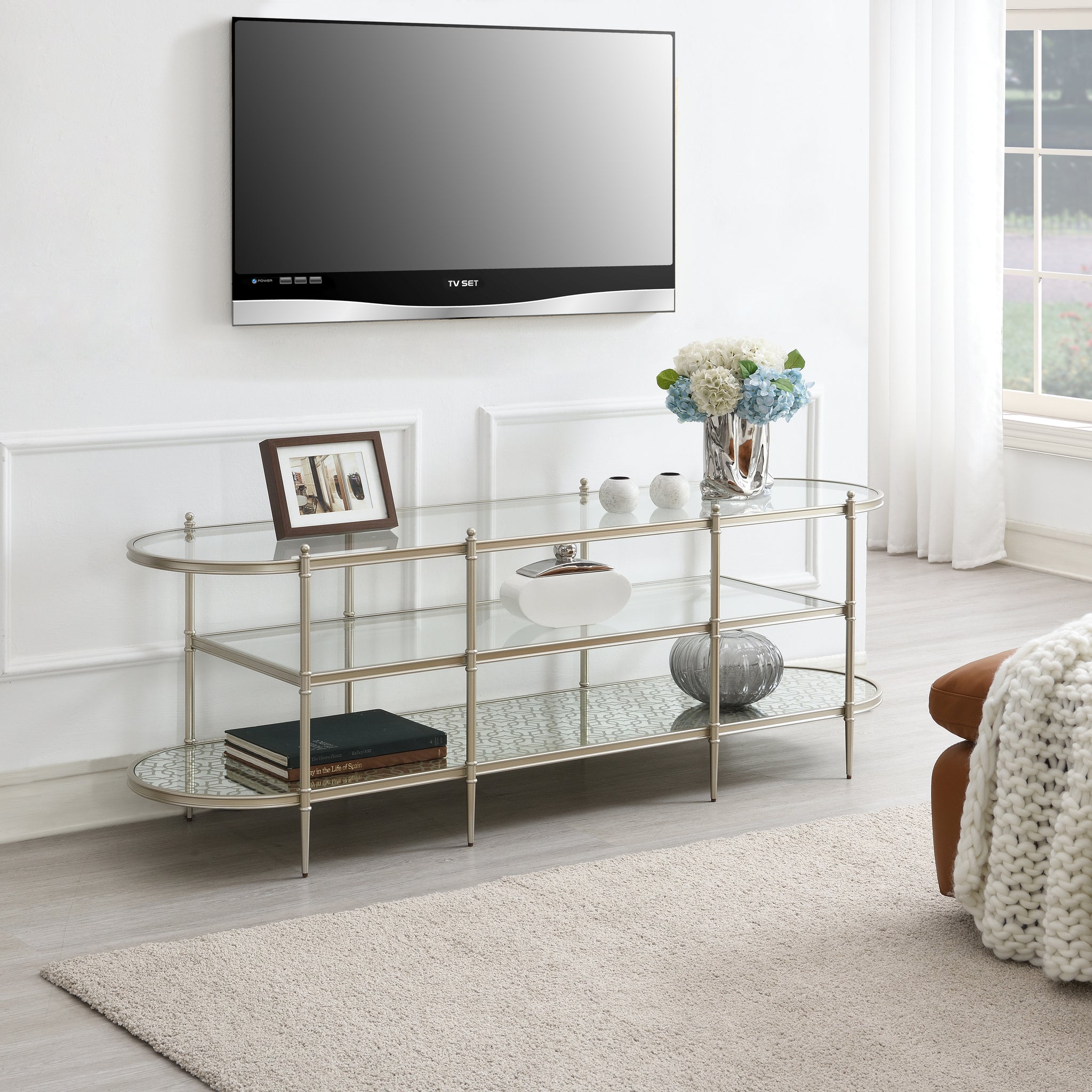 Zaba Tv Stand, Glass & Champagne Finish Lv02759 Champagne 70 79 Inches Glass Metal