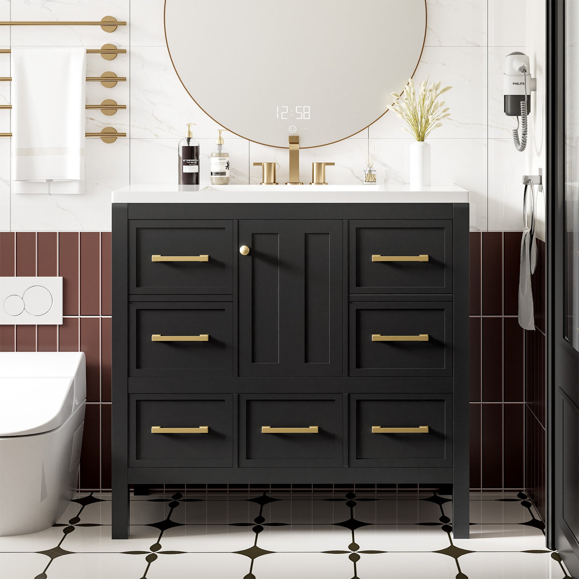 36'' Bathroom Vanity With Resin Sink Combo, Solid Wood Frame Bathroom Storage Cabinet, Freestanding Vanity Set With 5 Drawers& Soft Closing Doors Same As Sw000142Aab Black Bathroom Solid Wood Mdf Resin