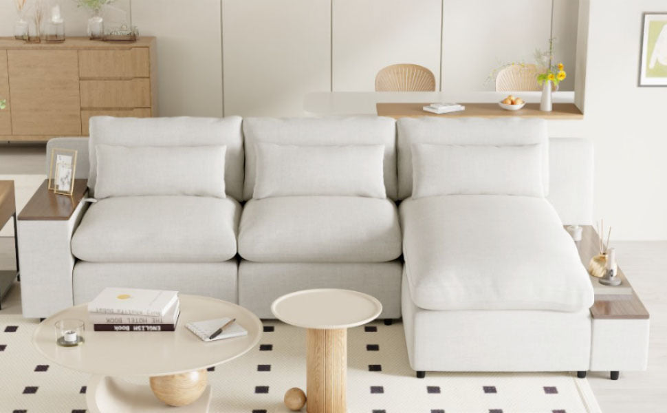 L Shaped Modular Sectional Sofa With Removable Back Cushions,3 Pillows And 2 Storage Spaces,Suitable For Living Rooms,Offices And Apartments Beige Polyester 3 Seat