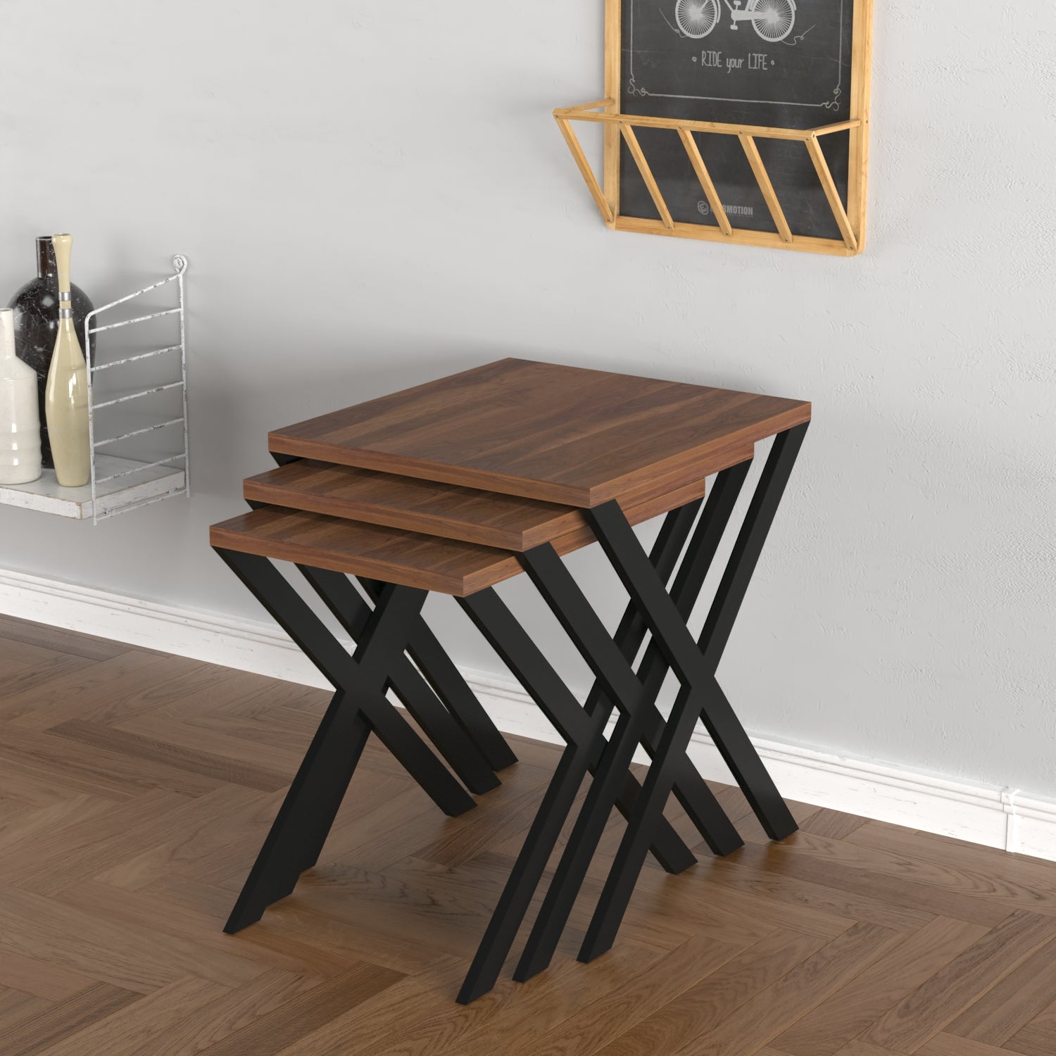 Kira Nesting Table 3 Pieces, Metal Legs Wood Base Nesting Table, Walnut Walnut Brown Contemporary Rectangular Wood