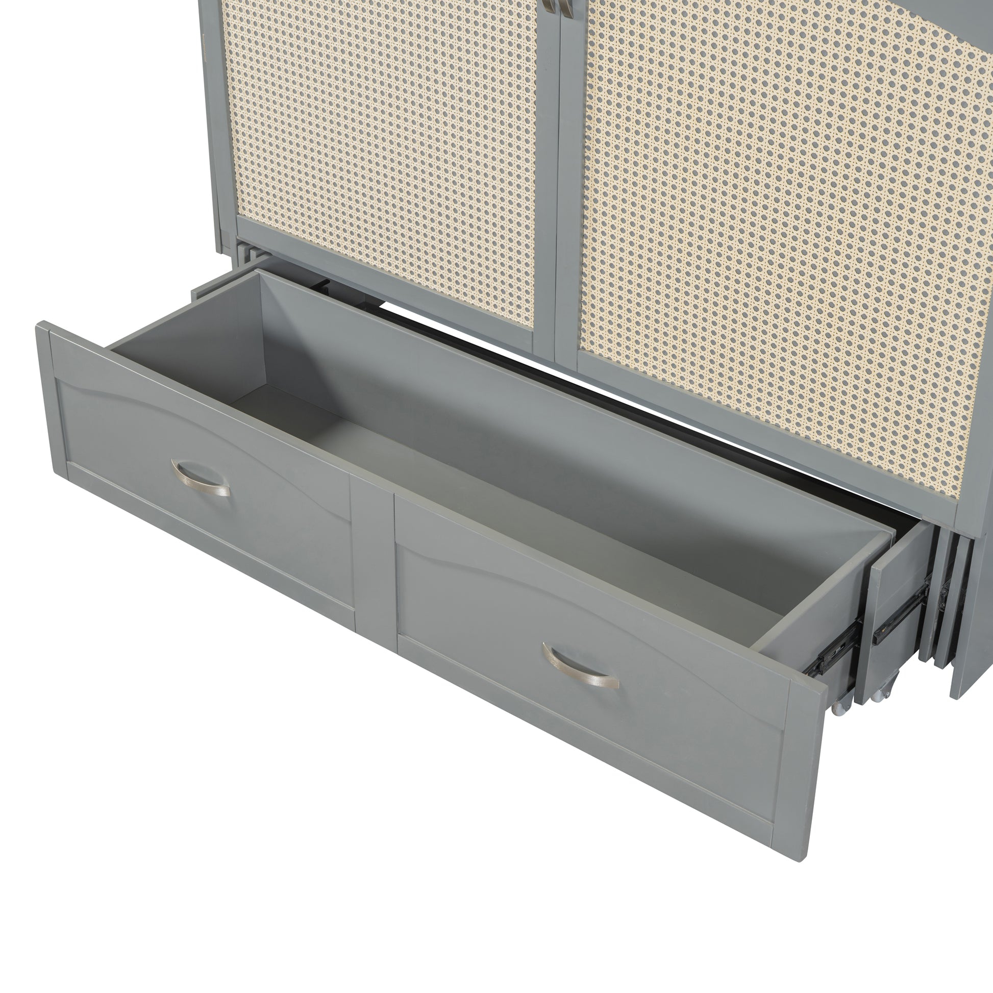 Queen Size Murphy Bed Wall Bed With Drawer And Rattan Decoration With 2 Storage Cabinets, One Set Of Sockets & Usb Ports, Pulley Structure Design, Gray Queen Gray Plywood
