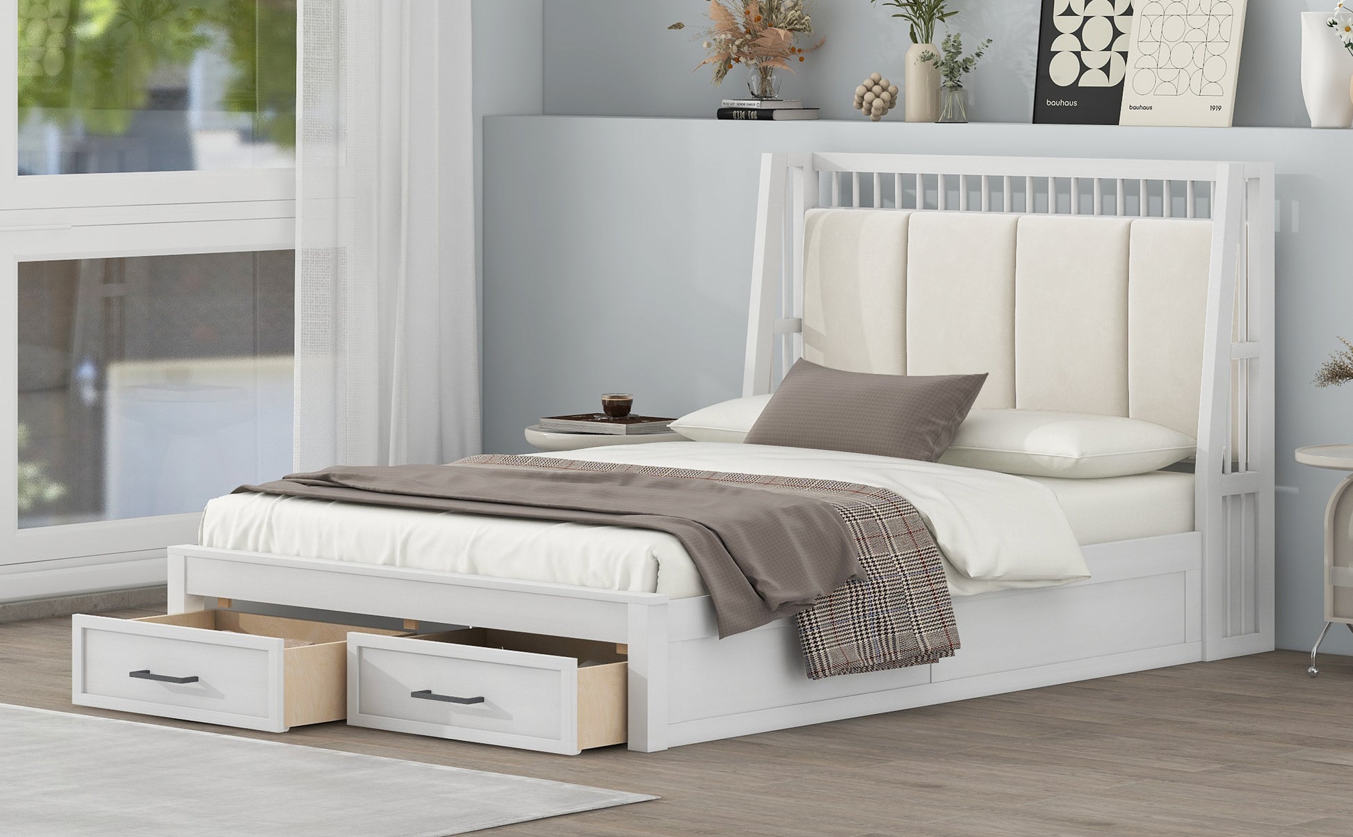Full Size Wood Platform Bed With Upholstered Headboard And 2 Drawers, White Box Spring Not Required Full White Wood Bed Frame Solid Wood Mdf