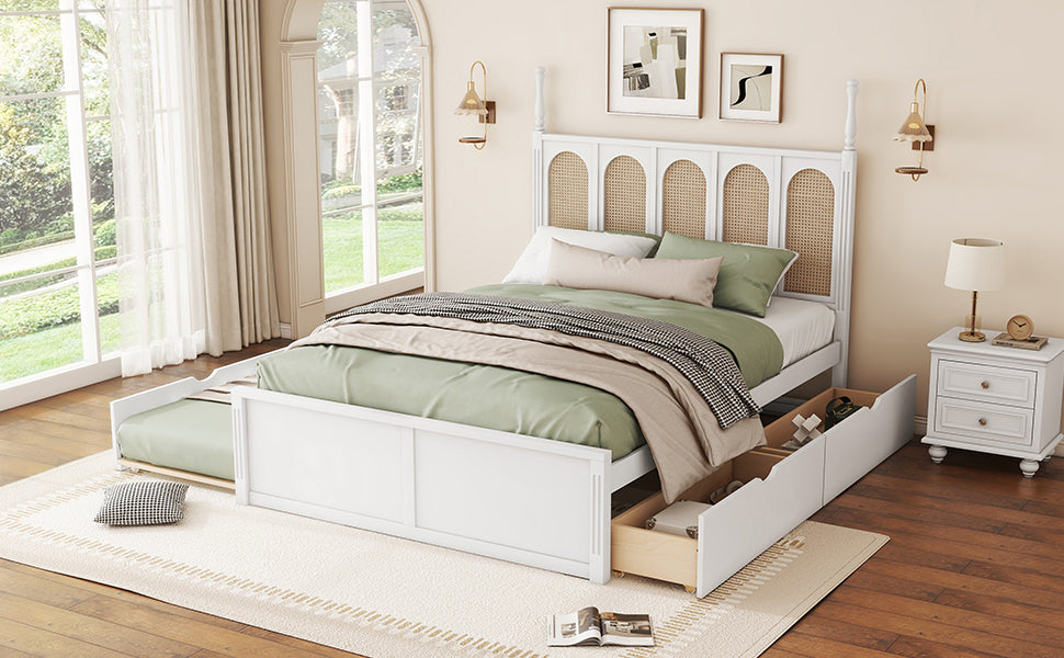 Queen Size Rattan Platform Bed With With 2 Big Drawers, T Size Trundle, White Queen White Plywood
