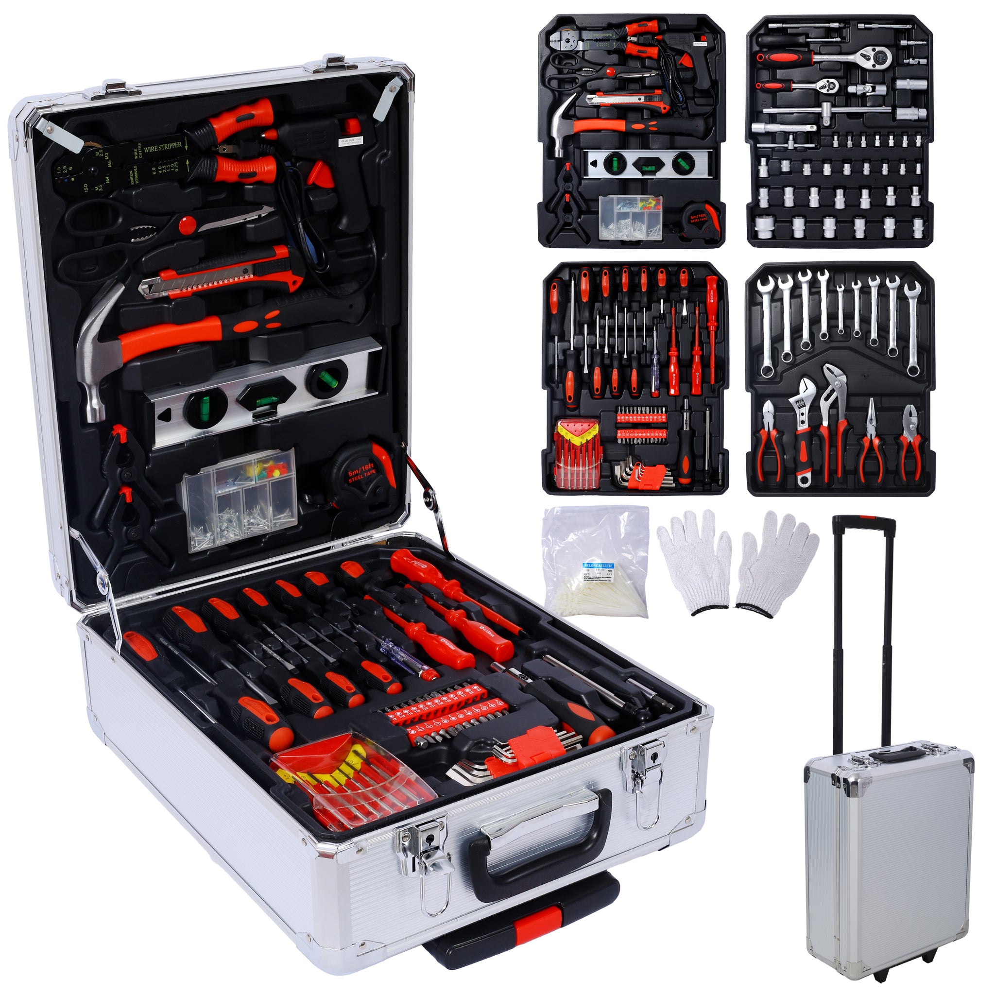 899Pcs Home Repair Tool Set Kit For Men, Toolbox Storage Case With 4 Drawers, General Household Tool Kit With Rolling Tool Box, Tool Set Kit For Maintenance, Garden, Homeowner, Handyman ,Silver Case