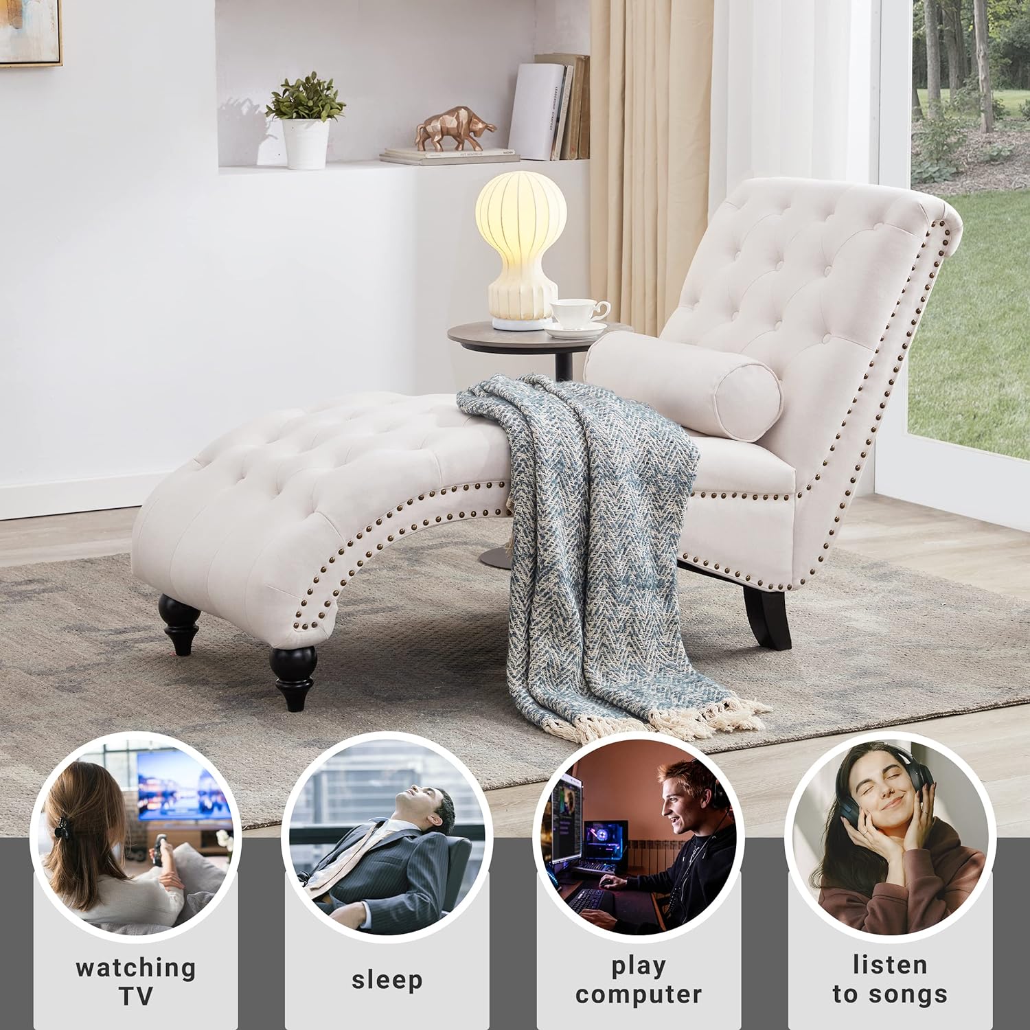 Upholstered Chaise Lounge With Solid Wood Legs, Support Pillow For Bedroom, Living Room, Office Beige Wood Fabric