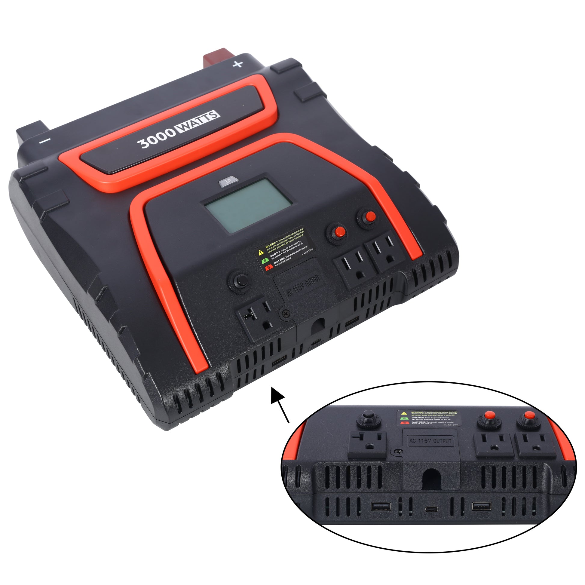 3000 Watts Power Inverter Modified Sine Wave Car Led Displayportable Ac Power Emergencies, Job Sites, Trucks Boats Off Grid Rv Camping,12V To 115 Volts Etl Approved Black Plastic