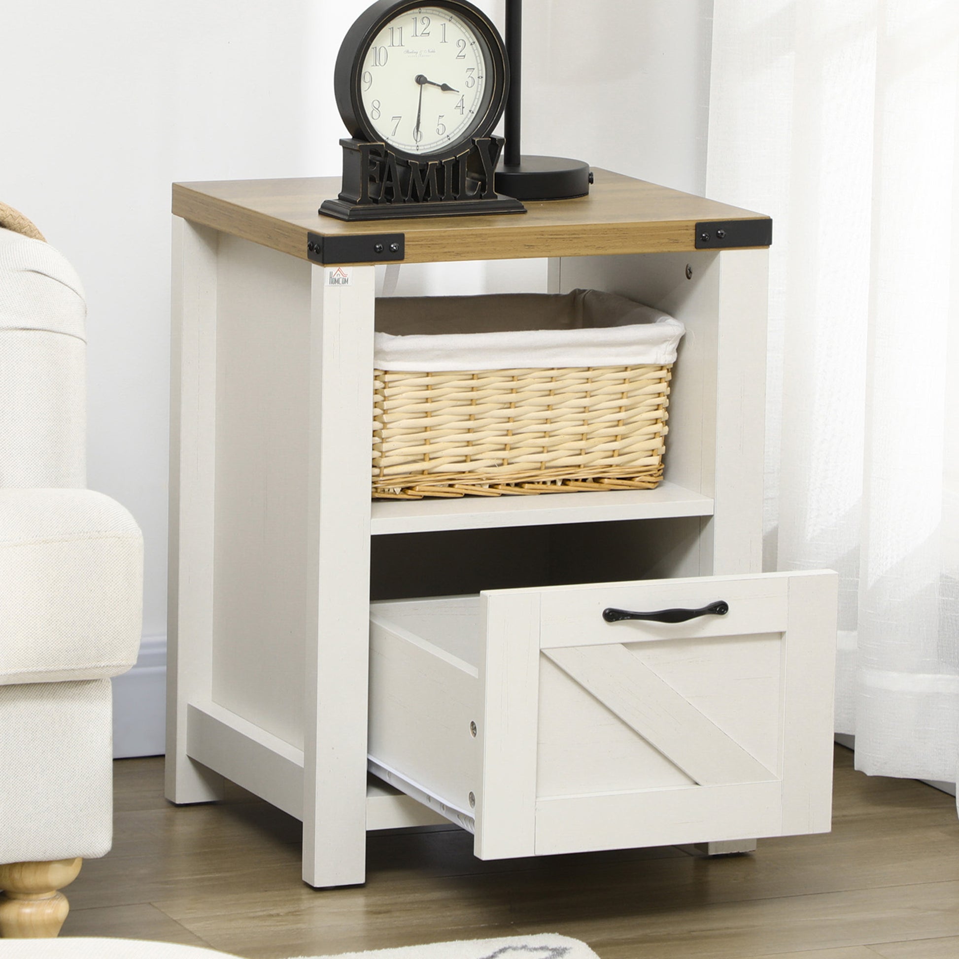 Homcom Farmhouse Side Table With Storage For Living Room White White Particle Board