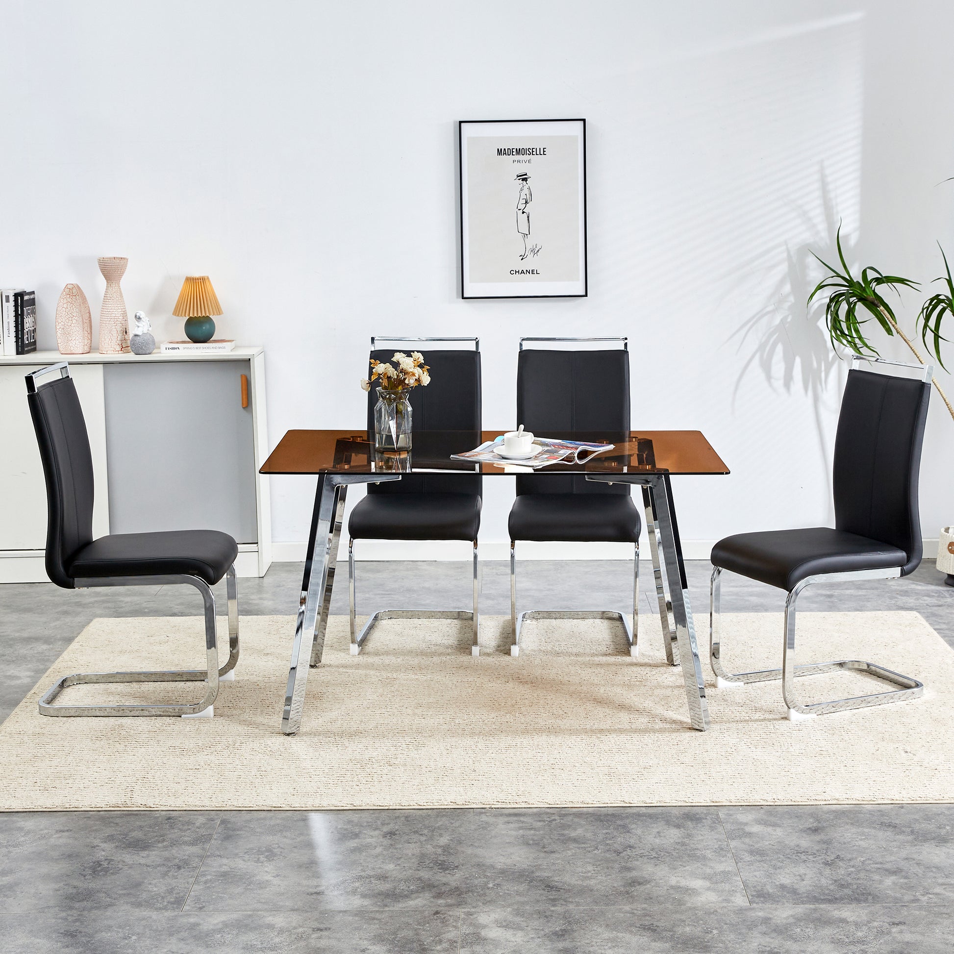 1 Table And 4 Chairs, Brown Tempered Glass Tabletop And Silver Metal Legs, Modern Minimalist Style Rectangular Glass Dining Table, Paired With 4 Modern Silver Metal Leg Chairs. 1123C 1162 Brown Seats 4 Glass