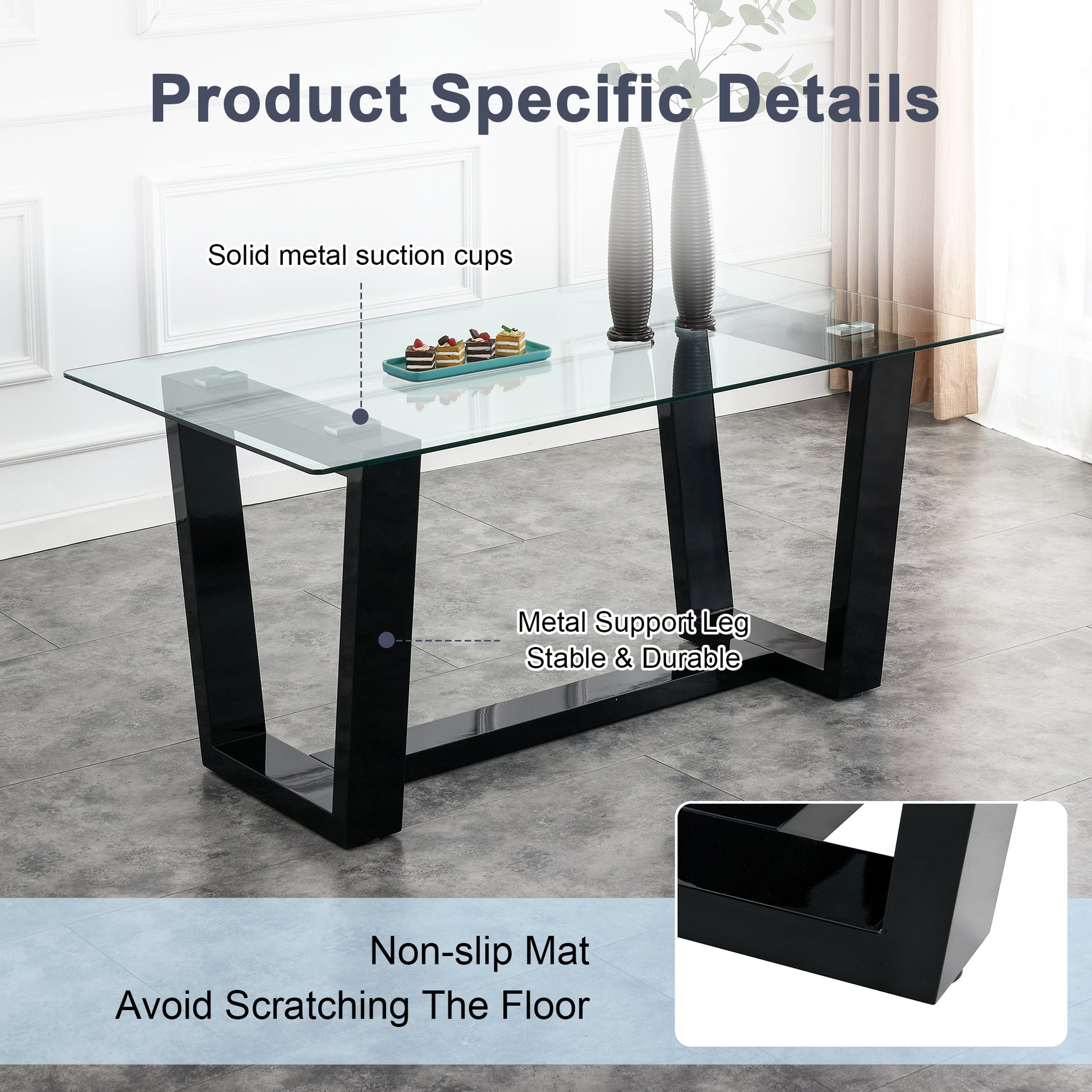 Table And Chair Set.A Rectangular Dining Table Features With Tempered Glass Top And Sleek Black Mdf Stand.Paried With 6 Pu Chairs With Checkered Armless High Back And Electroplated Metal Legs. Black,Transparent Seats 6 Mdf Glass