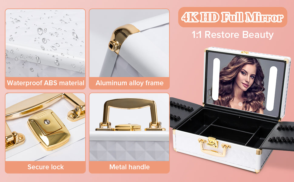 Portable Makeup Case With Led Mirror Travel Makeup Bag Cosmetic Organizer Box With Locks, Brush Holder, Dividers, Rechargeable, White White Aluminium Alloy