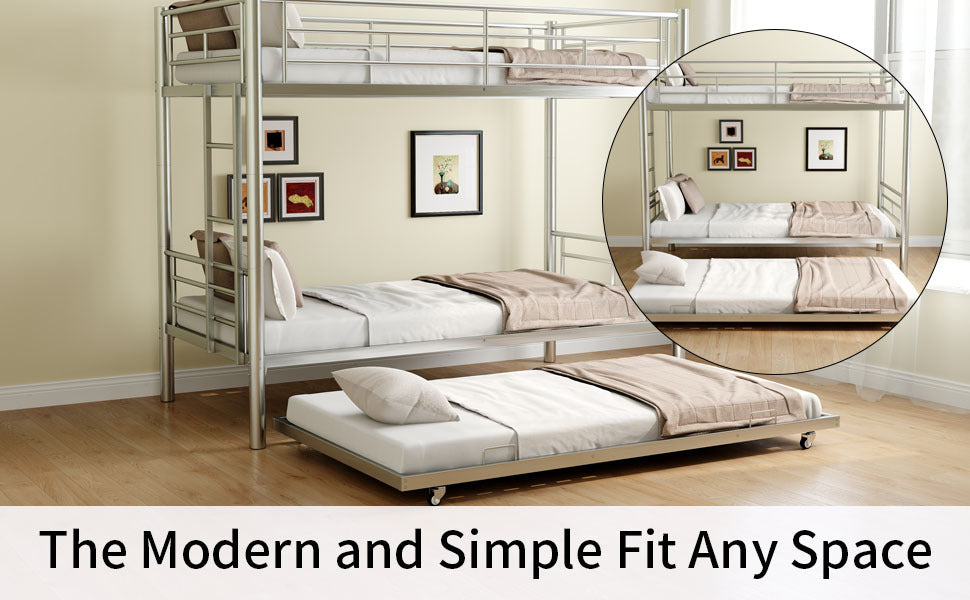 Heavy Duty Sturdy Meta Twin Over Twin With Trundle Bunk Bed L Noise Reduced Safety Guardrail No Box Spring Needed,Gray Silver Twin Gray Silver Metal