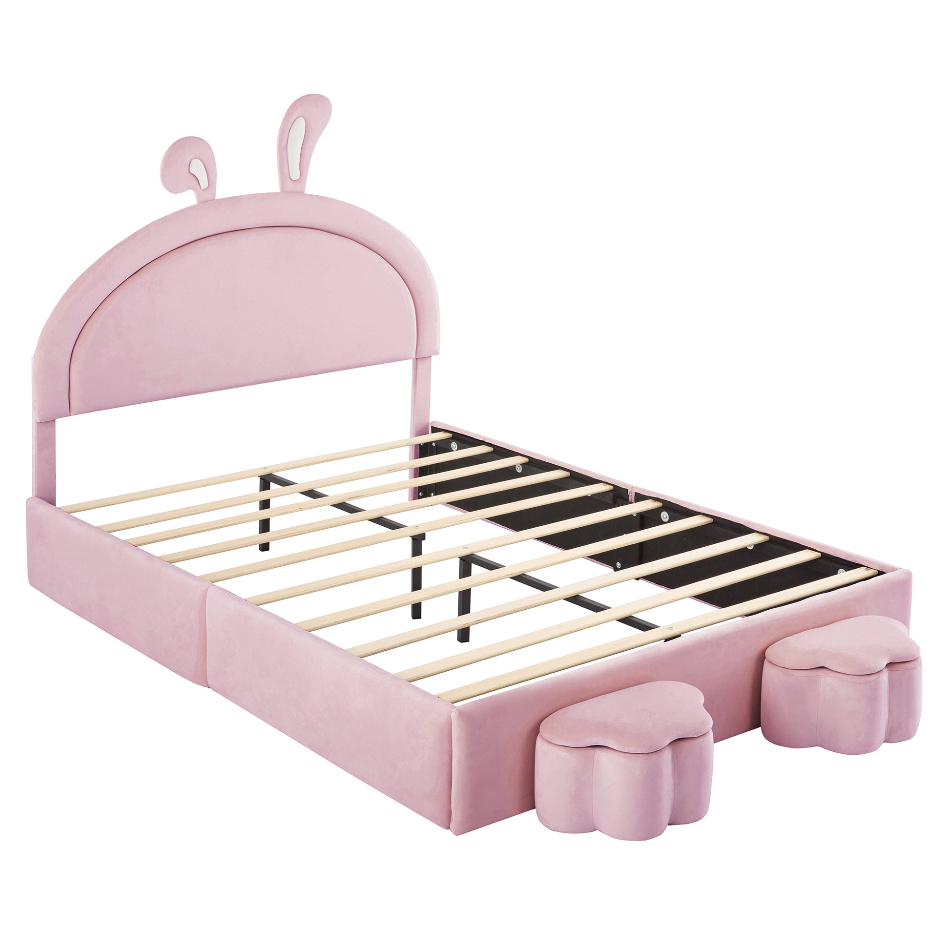 Full Size Upholstered Rabbit Shape Bed With 2 Storage Stools, Velvet Platform Bed With Cartoon Ears Shaped Headboard, Pink Full Pink Wood