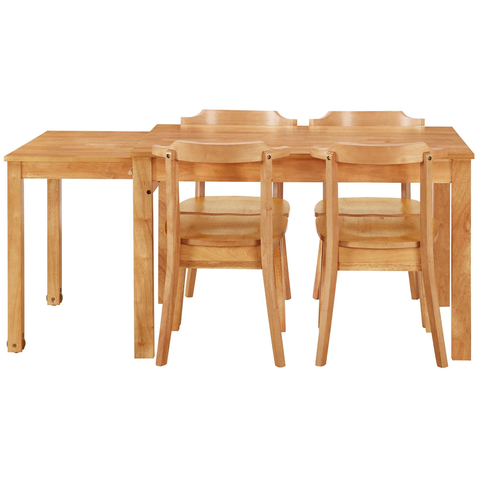 Farmhouse 65" 5 Piece Extendable Dining Table Set With Wheels Kitchen Table Set With 17.7" Pull Out Side Table And Dining Chairs For Small Places, Natural Wood Wood Natural Solid Back Wood Dining Room Solid Wood Rubberwood Rectangular Rectangular Dining
