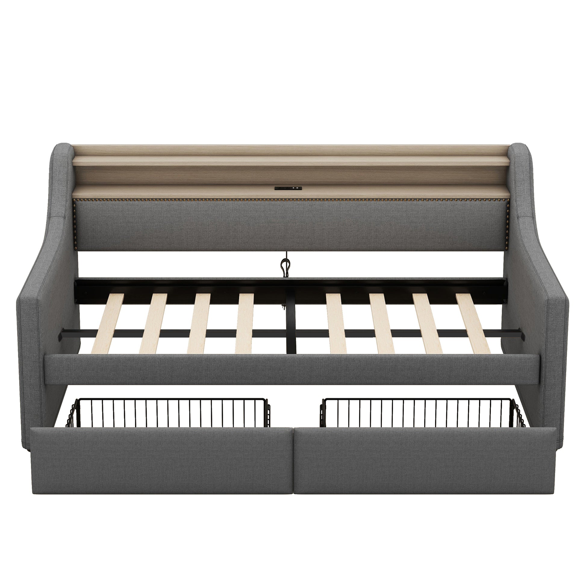 Twin Size Daybed With Storage Drawers, Upholstered Daybed With Charging Station And Led Lights, Gray Old Item W1580S00034 Twin Gray Linen